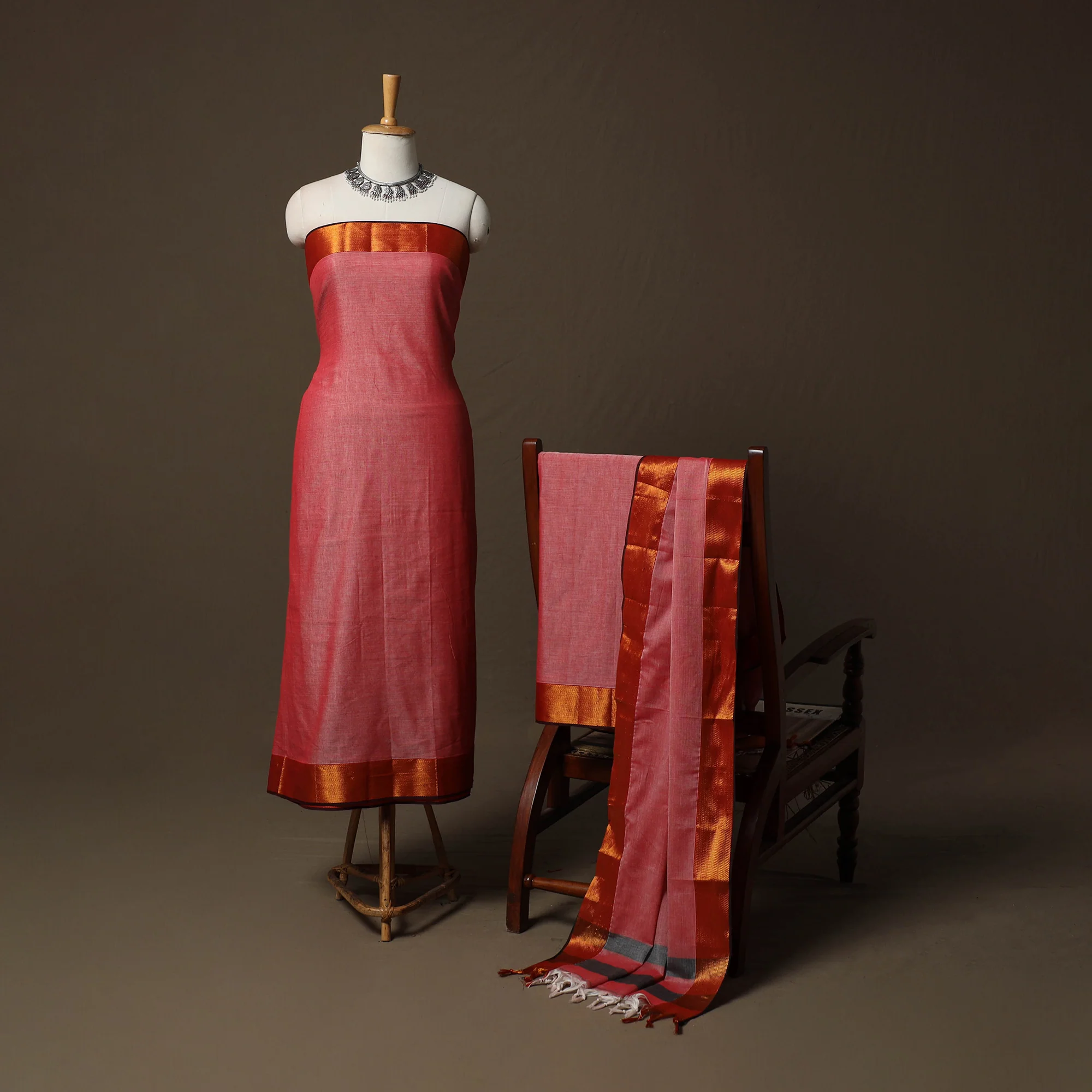 Pink - Dharwad Cotton 3pc Unstitched Dress Material Suit Set with Woven Border 47 - Image 2