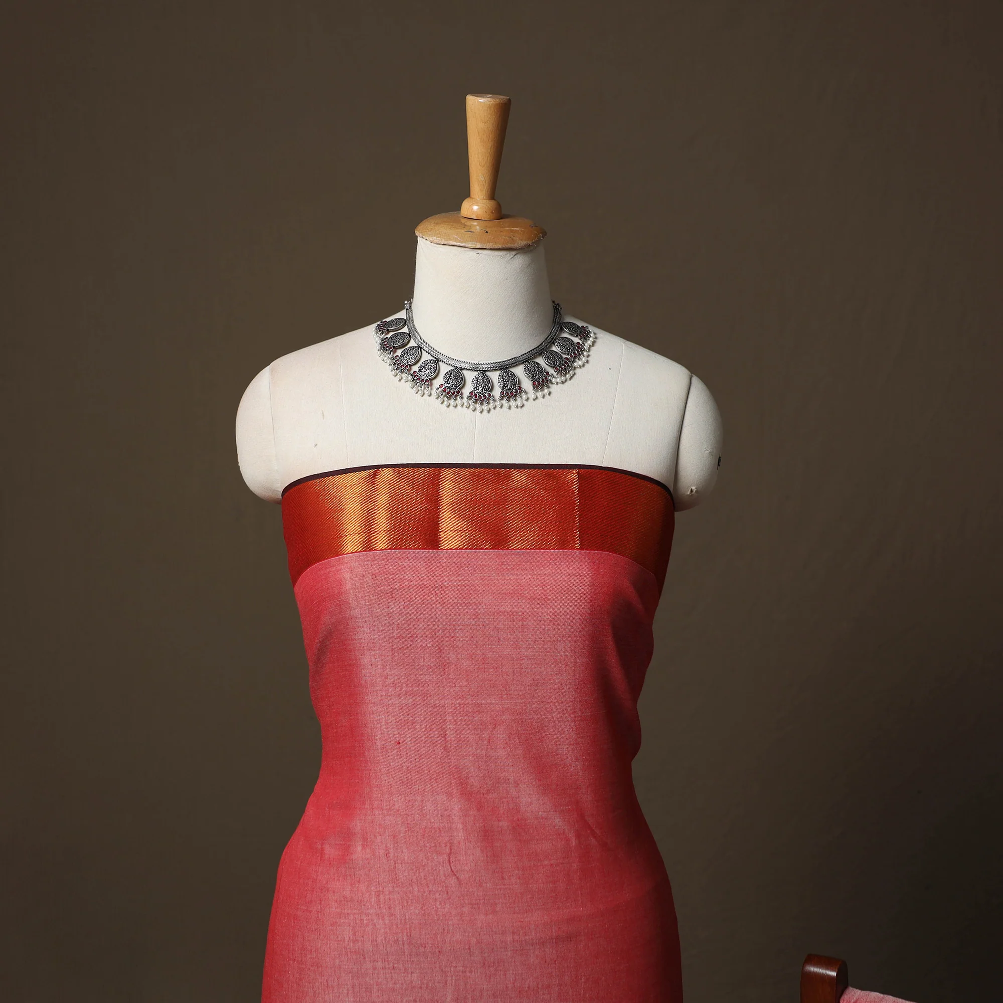 Pink - Dharwad Cotton 3pc Unstitched Dress Material Suit Set with Woven Border 47 - Image 3