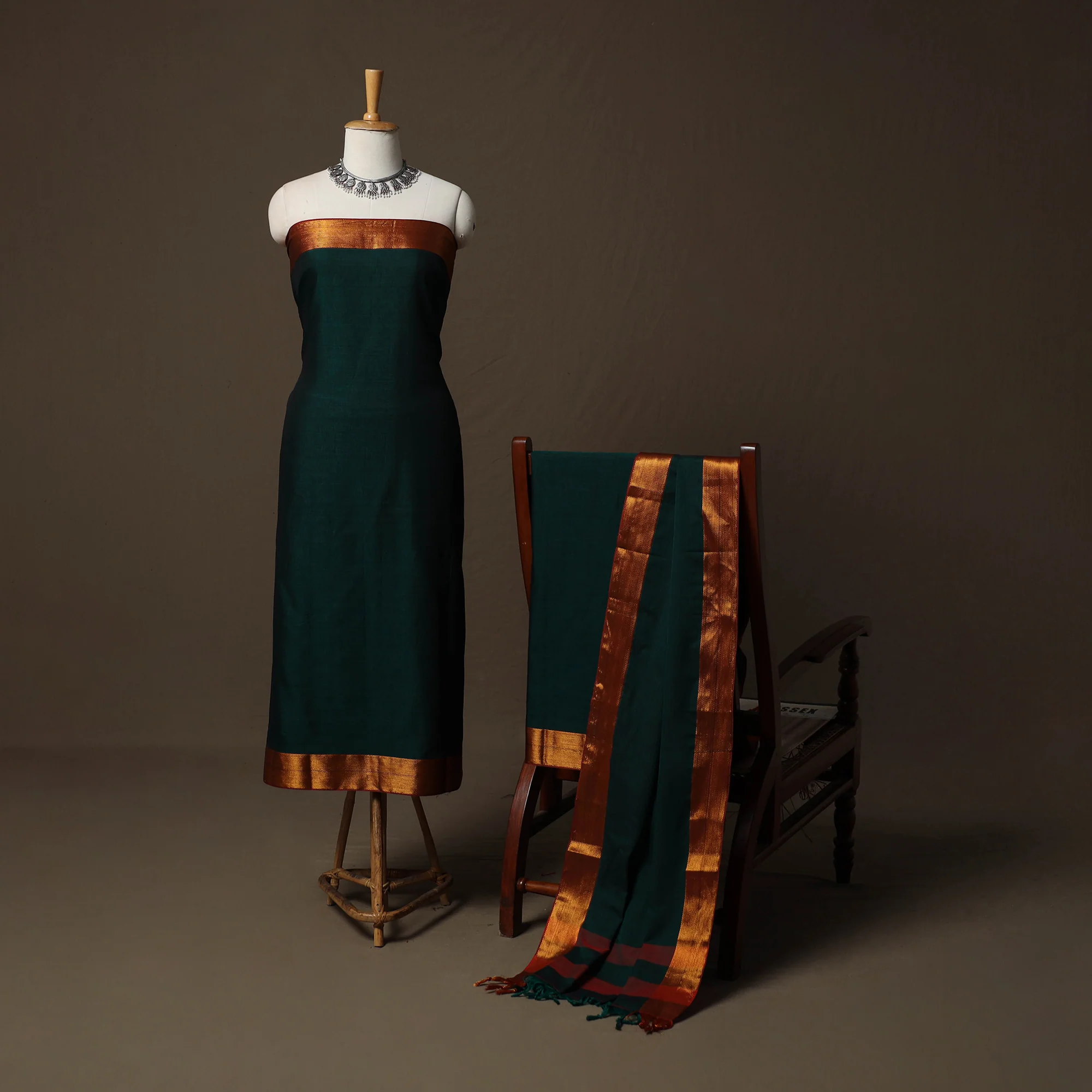 Green - Dharwad Cotton 3pc Unstitched Dress Material Suit Set with Woven Border 48 - Image 2