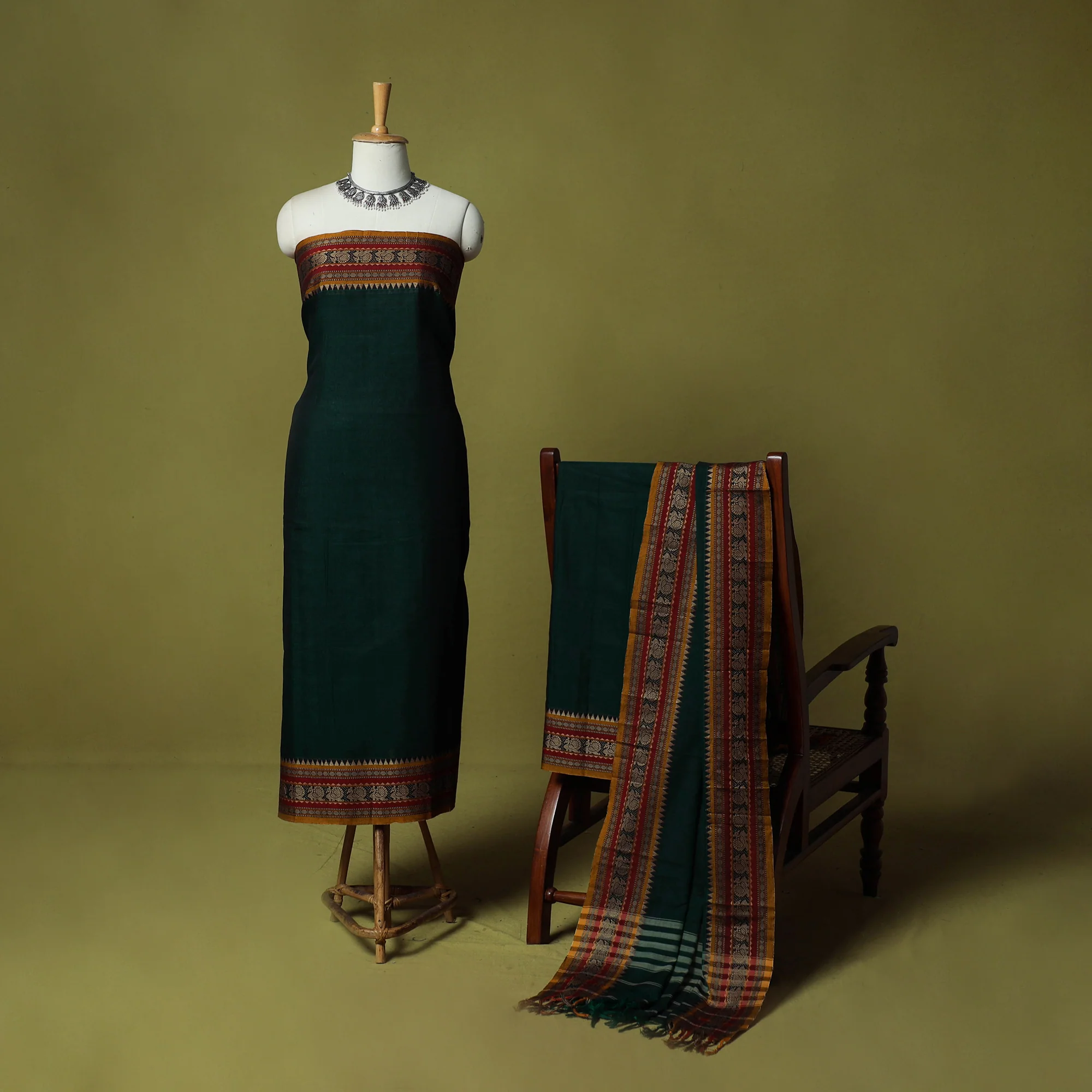Green - Dharwad Cotton 3pc Unstitched Dress Material Suit Set with Woven Border 60 - Image 2