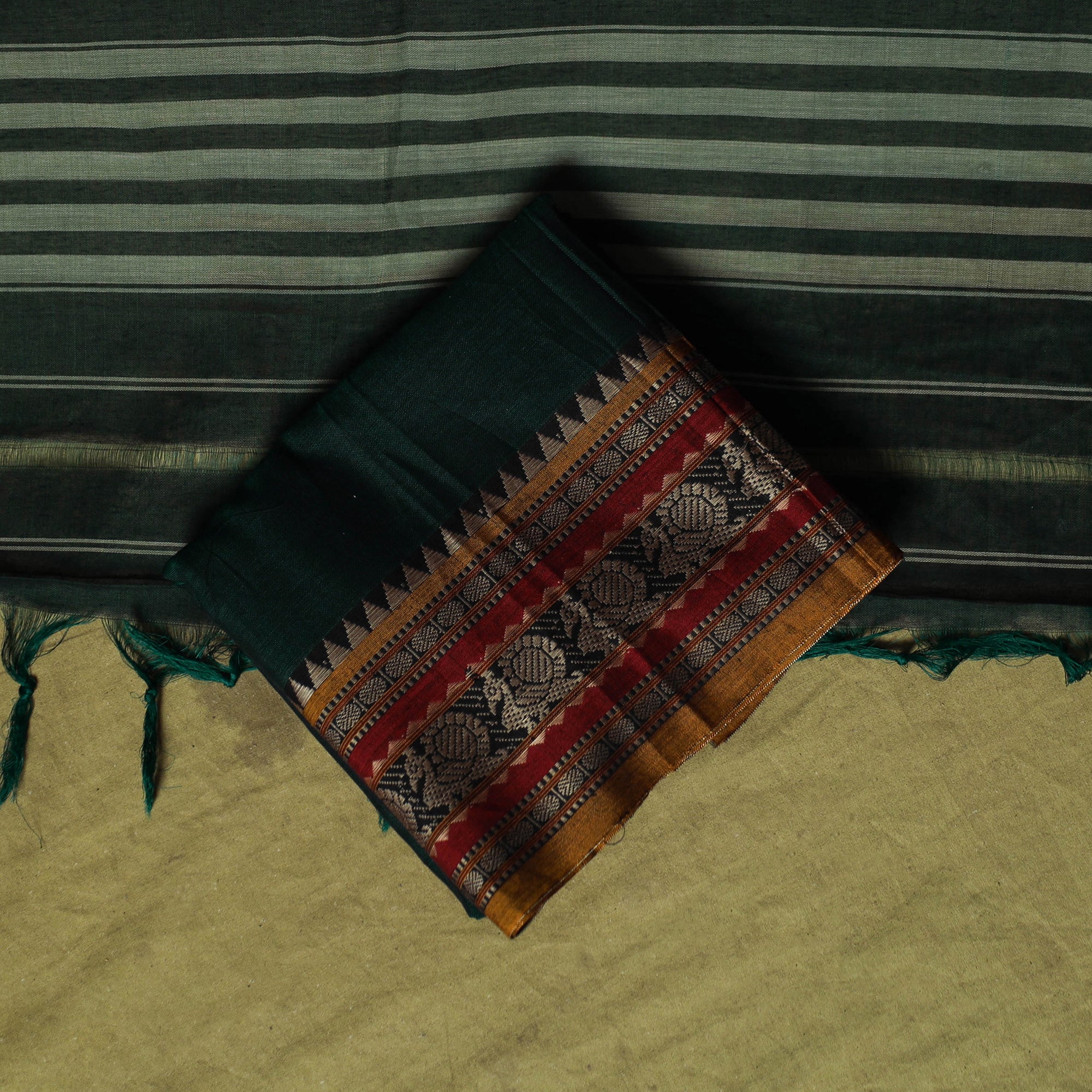 Green - Dharwad Cotton 3pc Unstitched Dress Material Suit Set with Woven Border 60 - Image 5