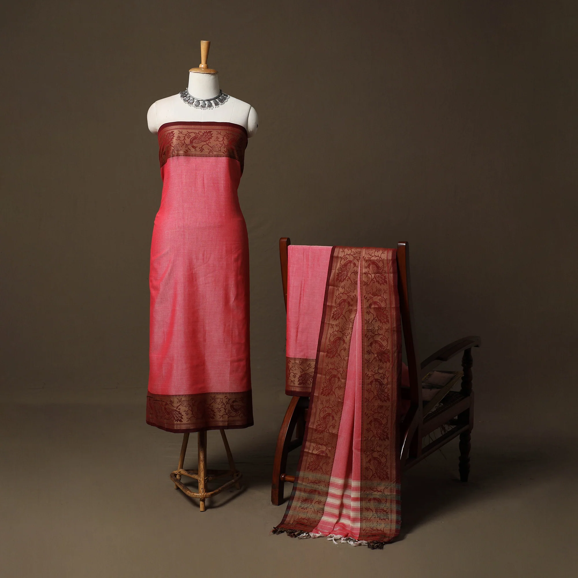Pink - Dharwad Cotton 3pc Unstitched Dress Material Suit Set with Woven Border 65 - Image 2