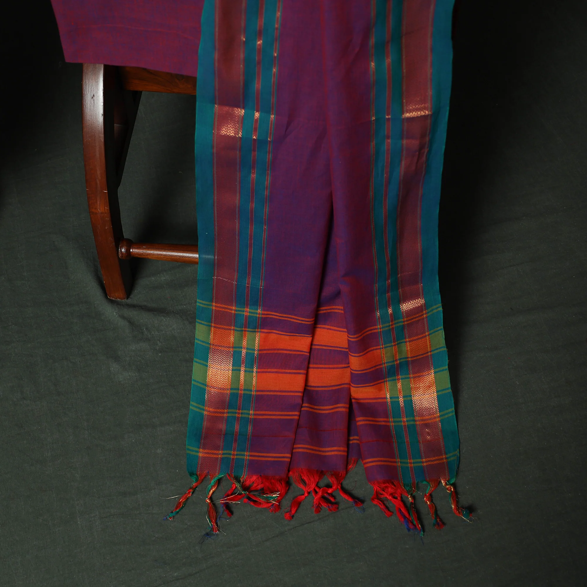 Purple - Dharwad Cotton 3pc Unstitched Dress Material Suit Set with Woven Zari Border 10 - Image 4