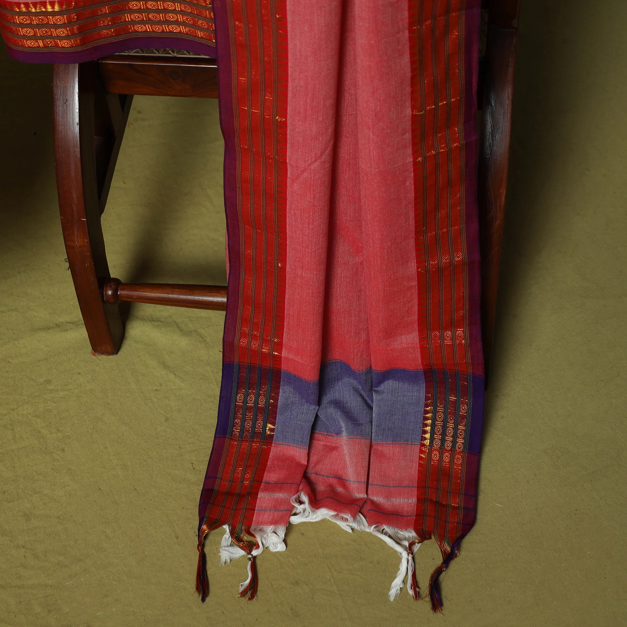Peach - Dharwad Cotton 3pc Unstitched Dress Material Suit Set with Woven Zari Border 31 - Image 4