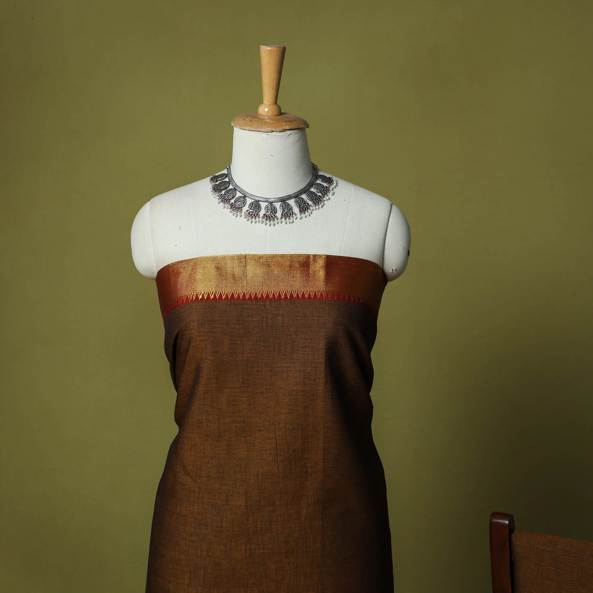 Brown - Dharwad Cotton 3pc Unstitched Dress Material Suit Set with Woven Zari Border 75 - Image 3