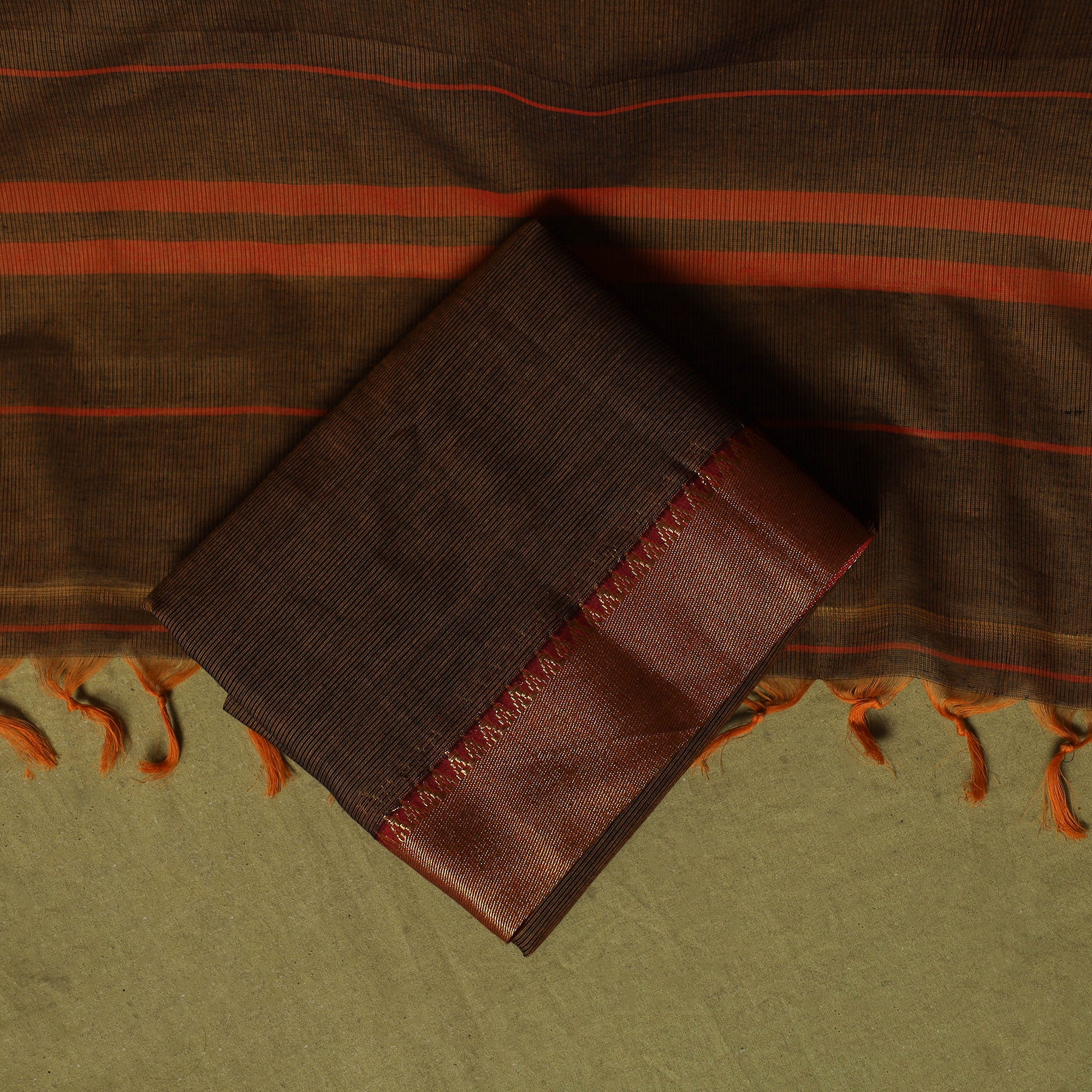 Brown - Dharwad Cotton 3pc Unstitched Dress Material Suit Set with Woven Zari Border 75 - Image 5