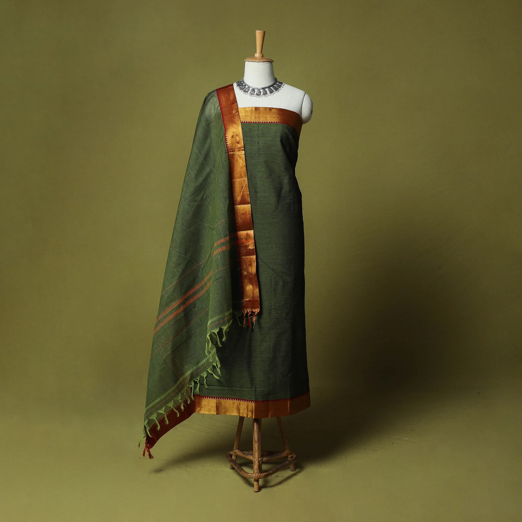 Green - Dharwad Cotton 3pc Unstitched Dress Material Suit Set with Woven Zari Border 76