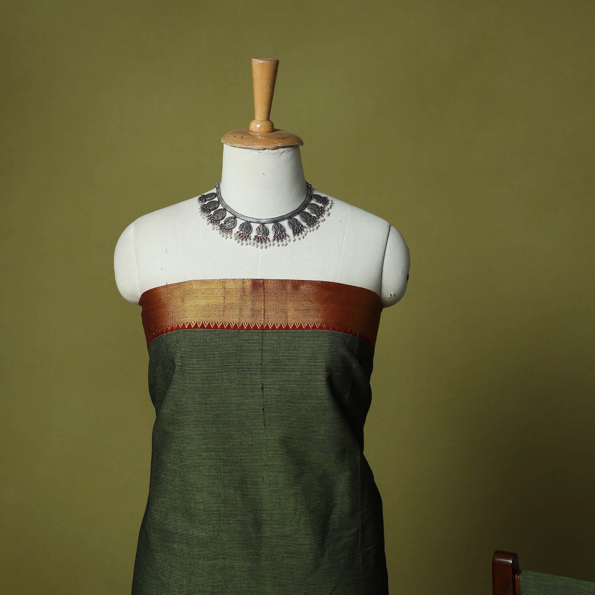 Green - Dharwad Cotton 3pc Unstitched Dress Material Suit Set with Woven Zari Border 76 - Image 3