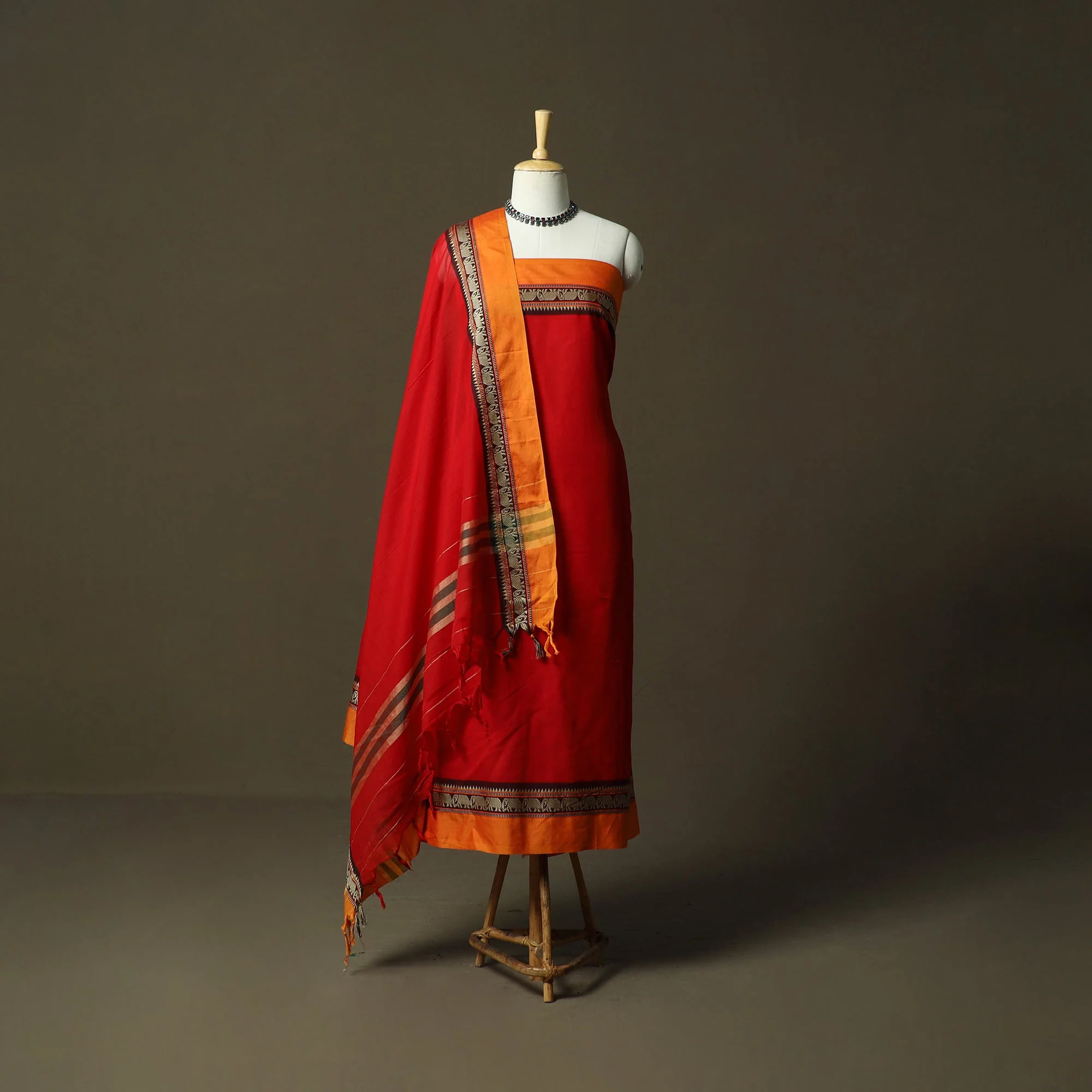 Red - Dharwad Cotton 3pc Unstitched Dress Material with Border 08