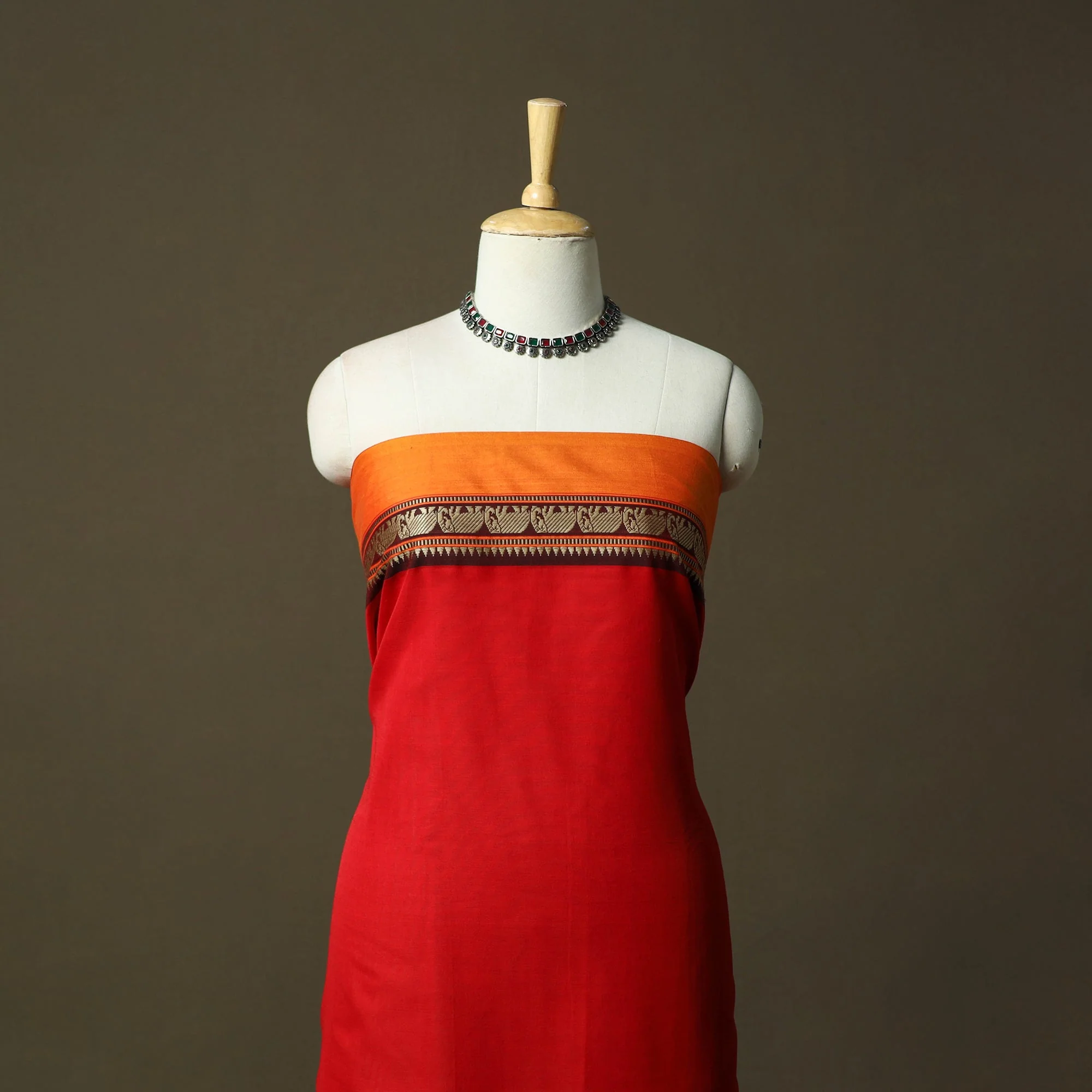 Red - Dharwad Cotton 3pc Unstitched Dress Material with Border 08 - Image 2