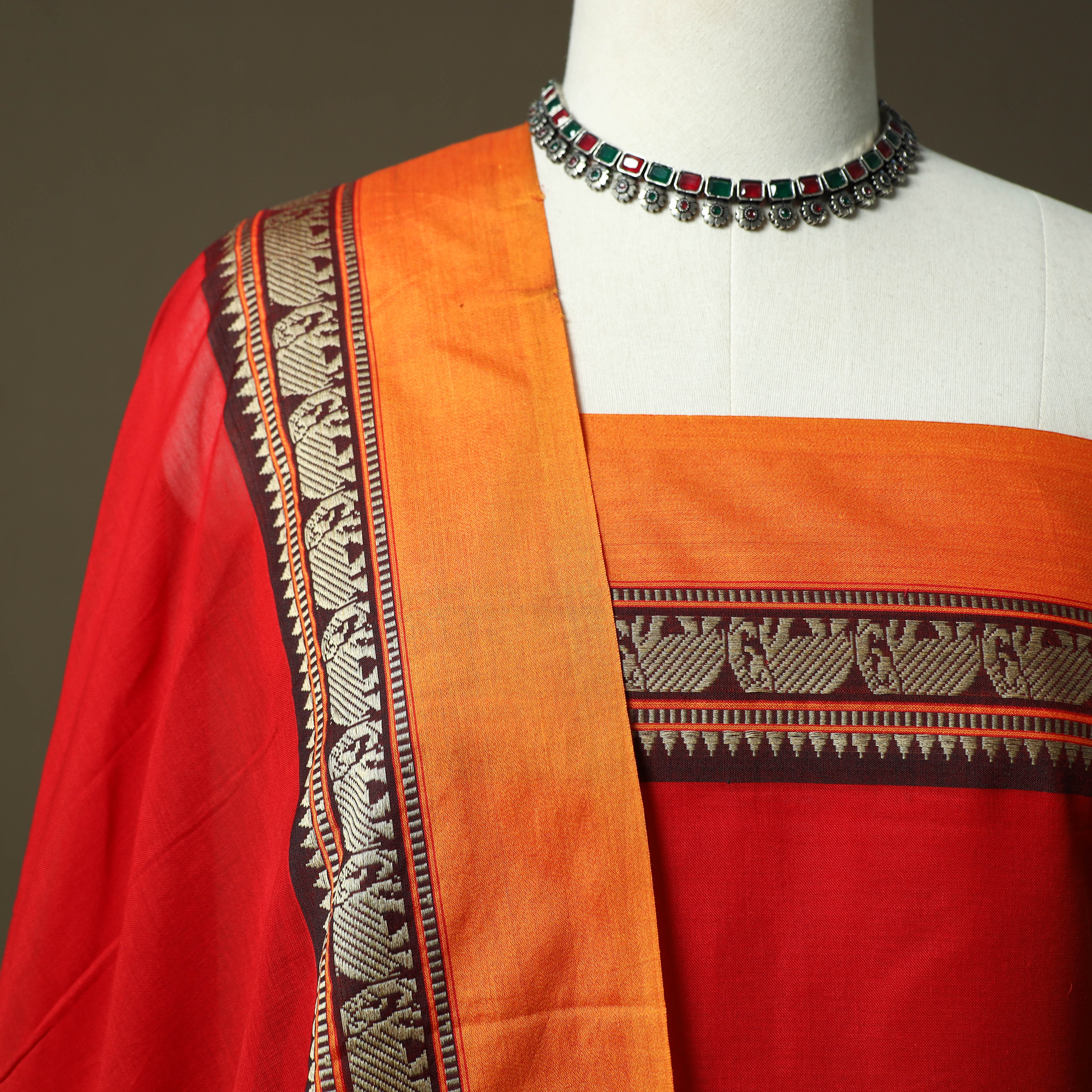 Red - Dharwad Cotton 3pc Unstitched Dress Material with Border 08 - Image 3