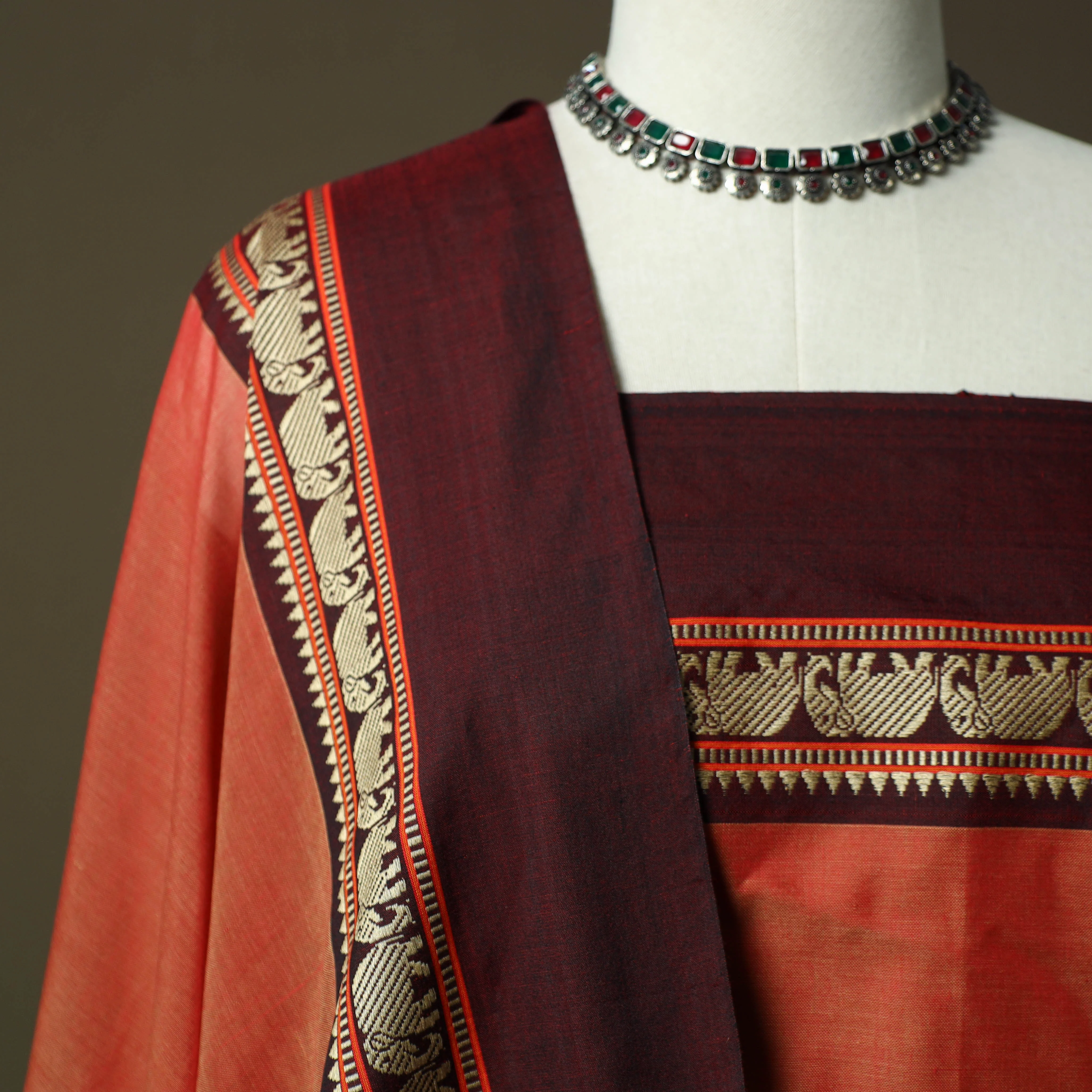 Red - Dharwad Cotton 3pc Unstitched Dress Material with Border 13 - Image 3