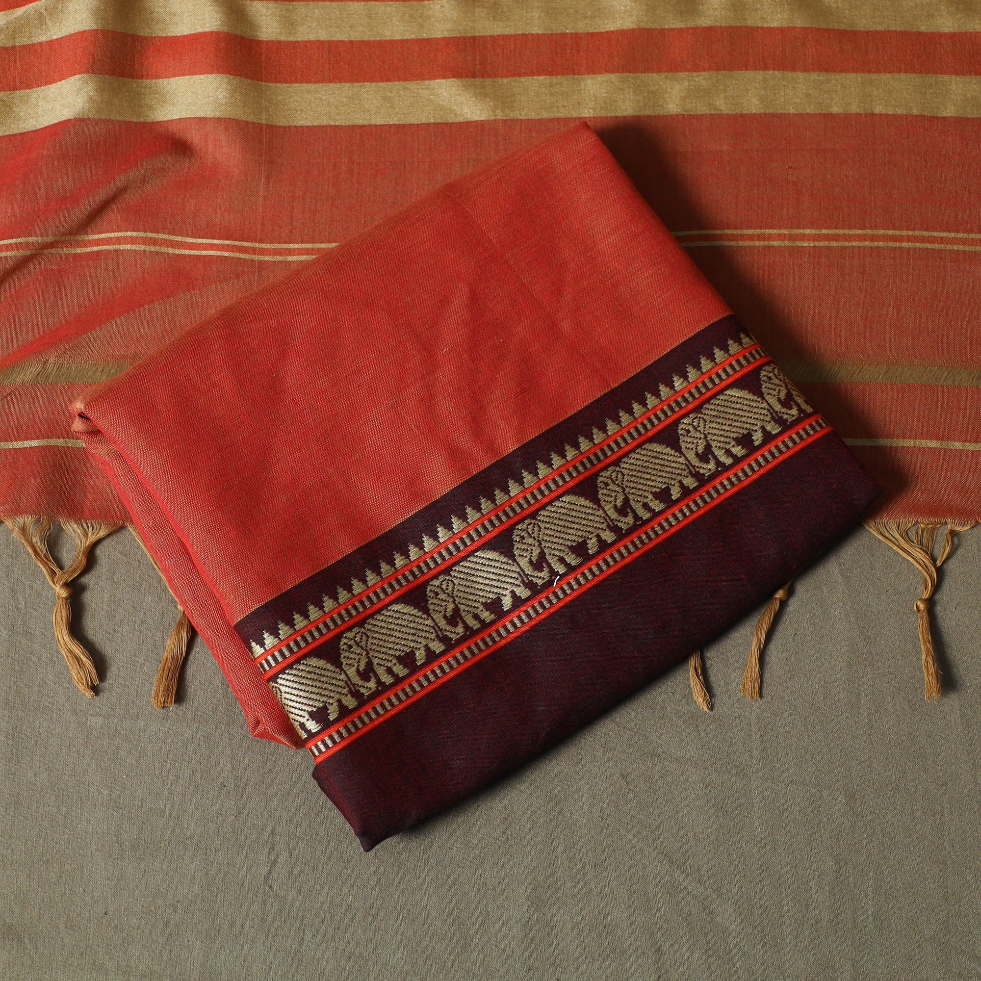 Red - Dharwad Cotton 3pc Unstitched Dress Material with Border 13 - Image 5