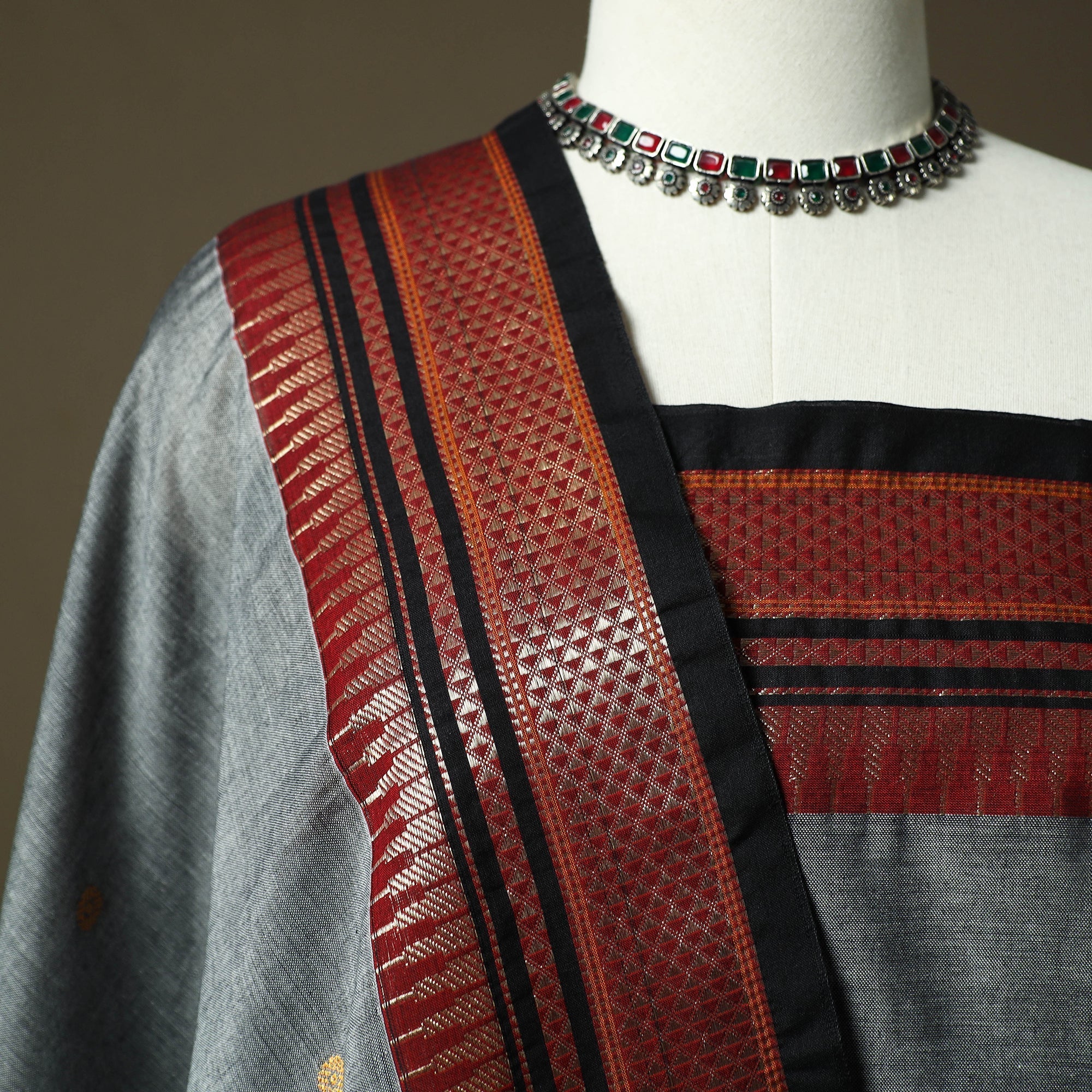Grey - Dharwad Cotton 3pc Unstitched Dress Material with Border 155 - Image 3