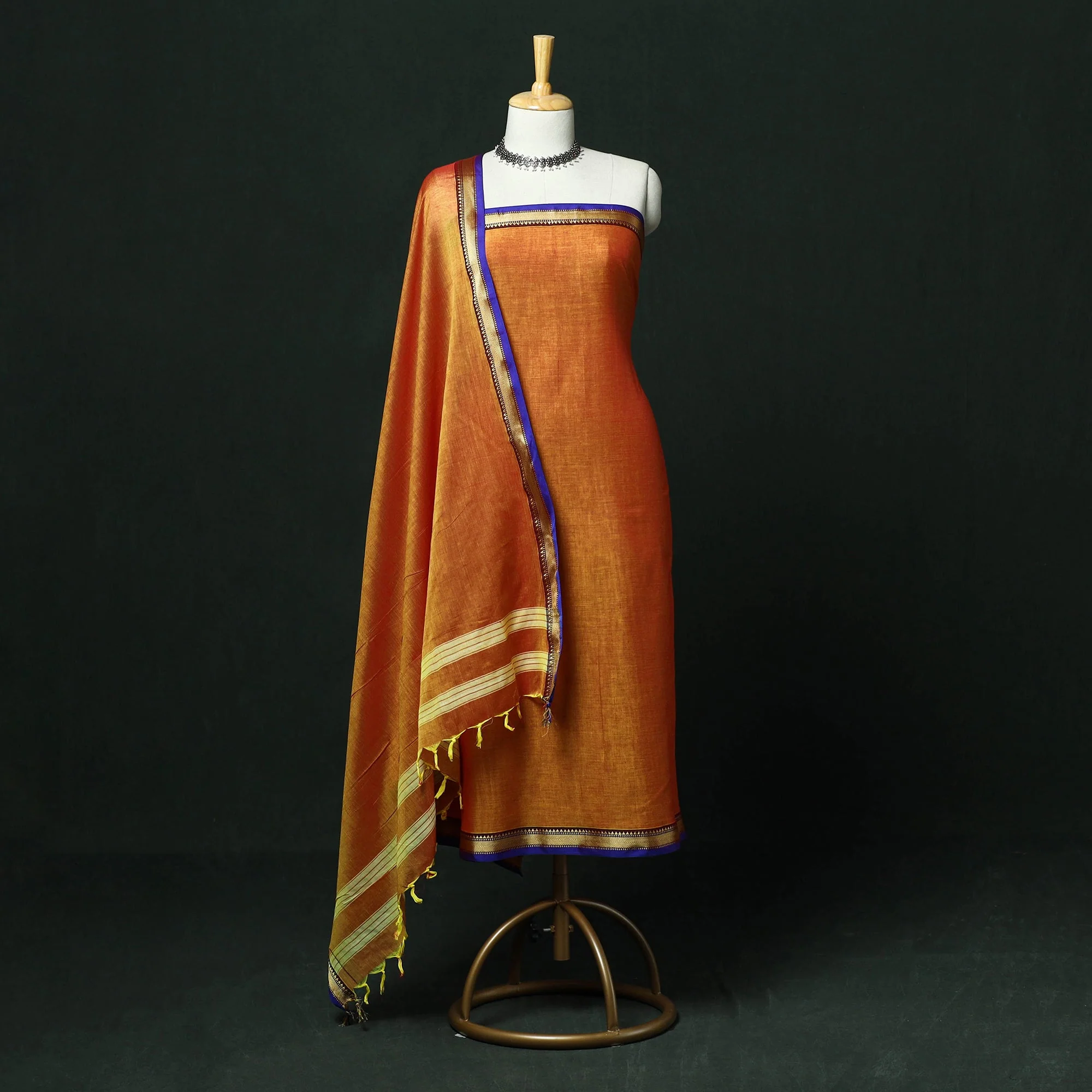 Orange - Dharwad Cotton 3pc Unstitched Dress Material with Thread Border 11 - Image 2