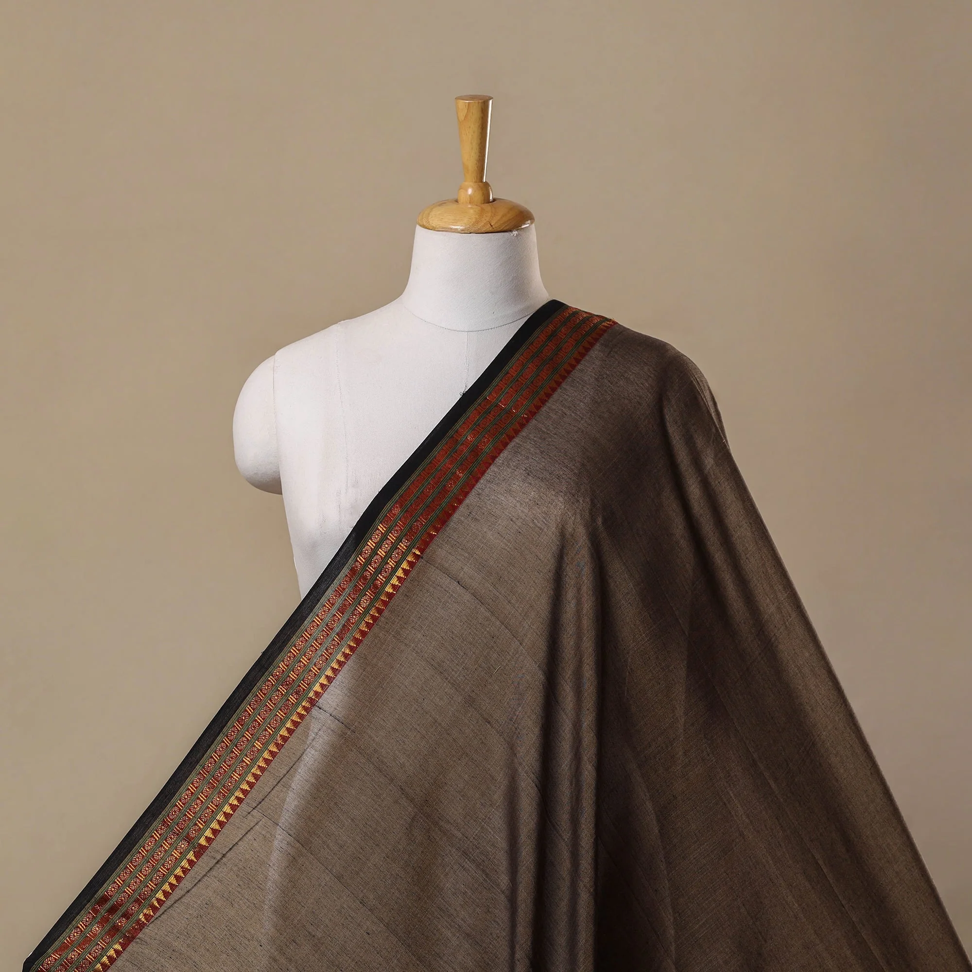 Brown - Dharwad Cotton Fabric with Border 25