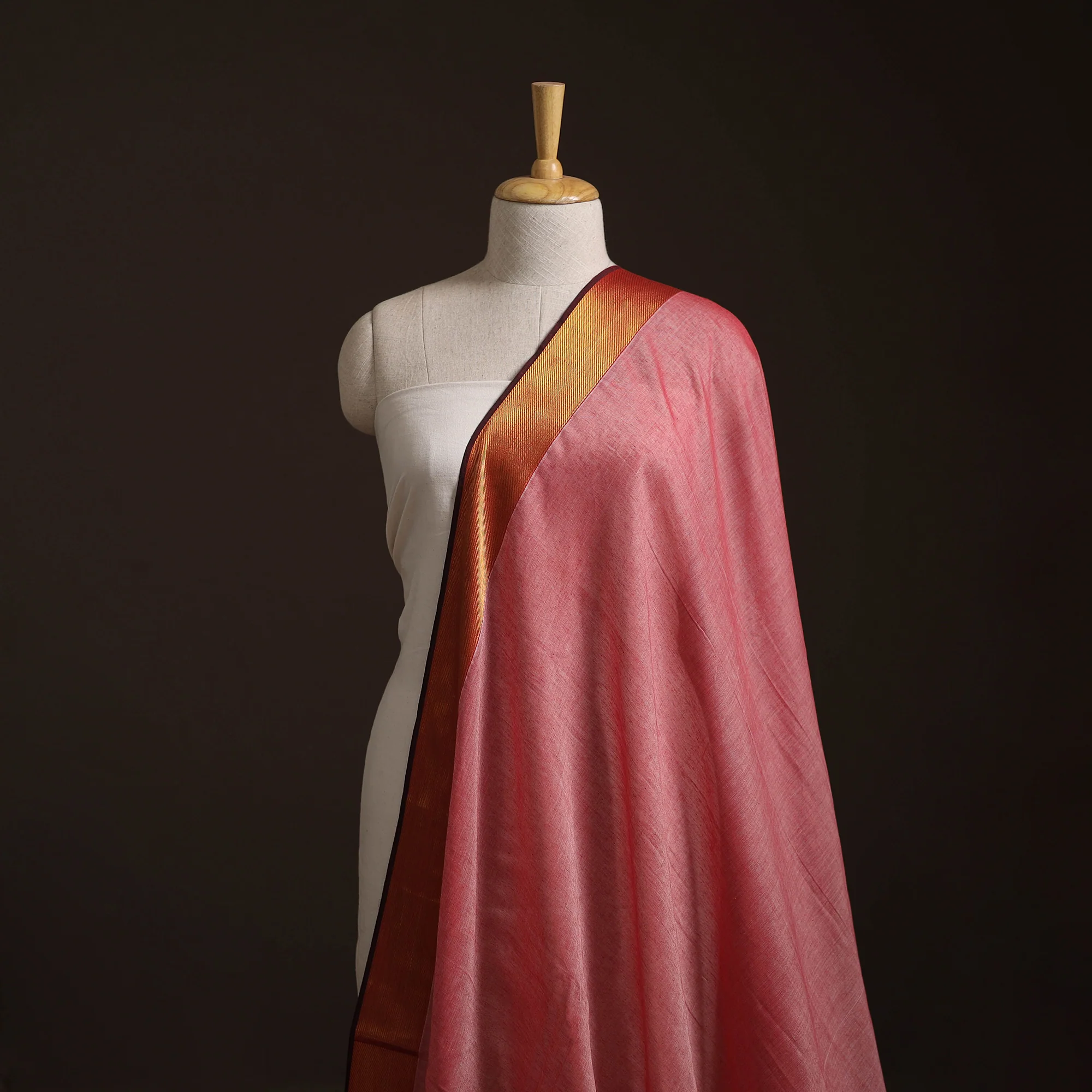 Peach - Dharwad Cotton Fabric with Zari Border 12
