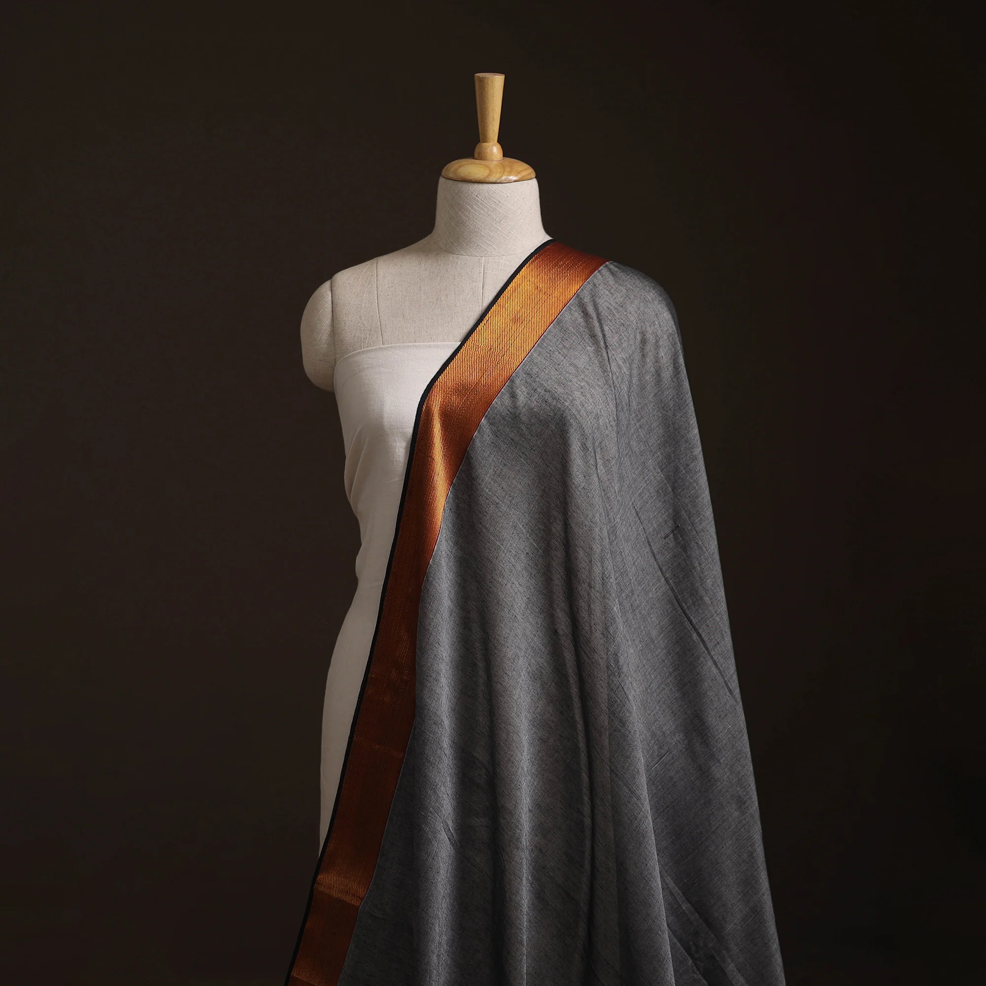 Grey - Dharwad Cotton Fabric with Zari Border 19