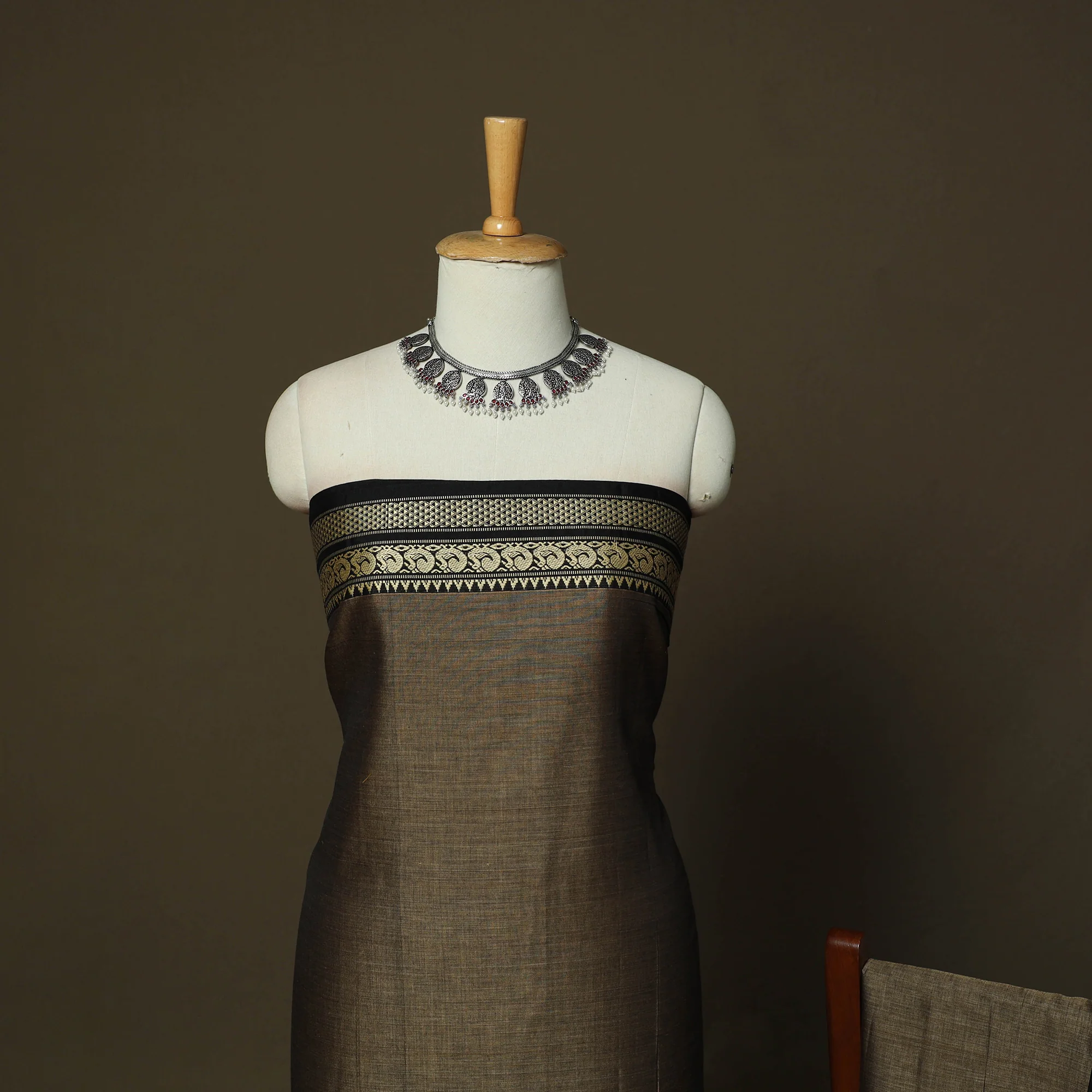 Grey - Dharwad Mercerised Cotton 3pc Unstitched Dress Material Suit Set with Woven Border 17 - Image 3
