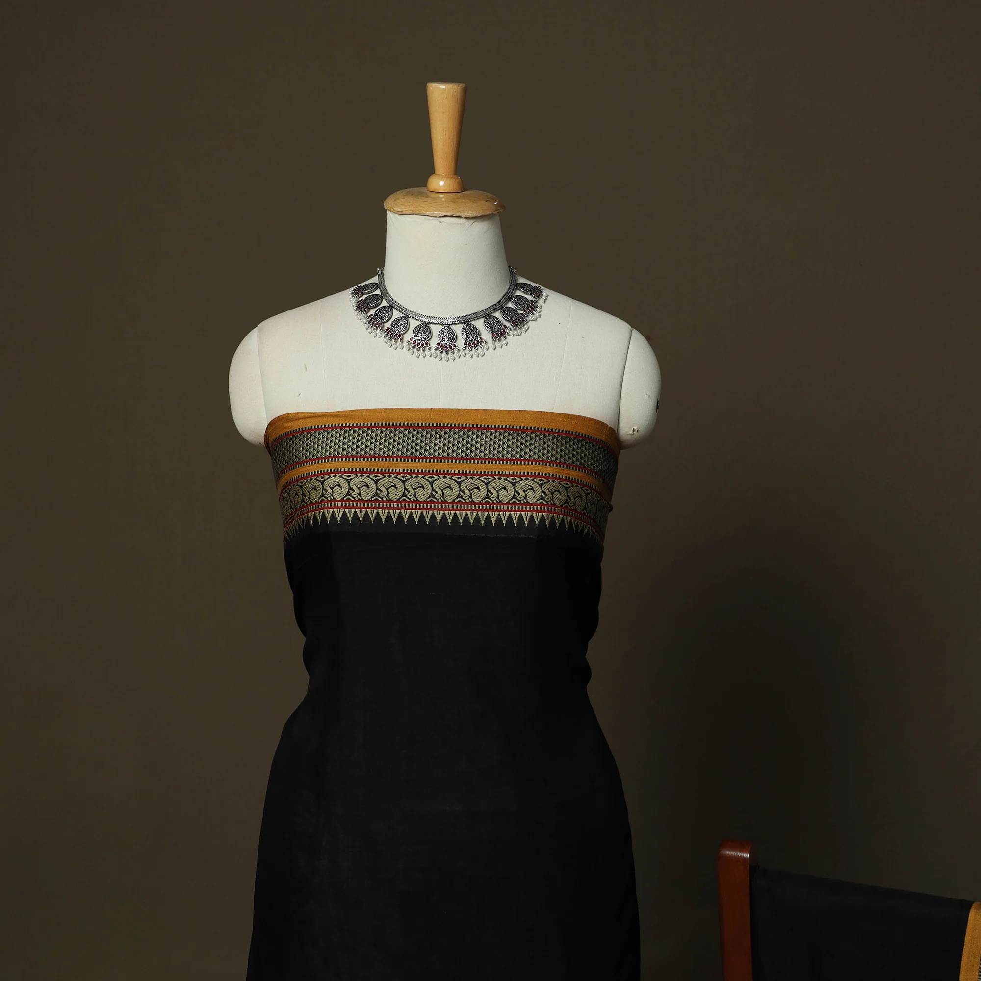 Black - Dharwad Mercerised Cotton 3pc Unstitched Dress Material Suit Set with Woven Border 18 - Image 3