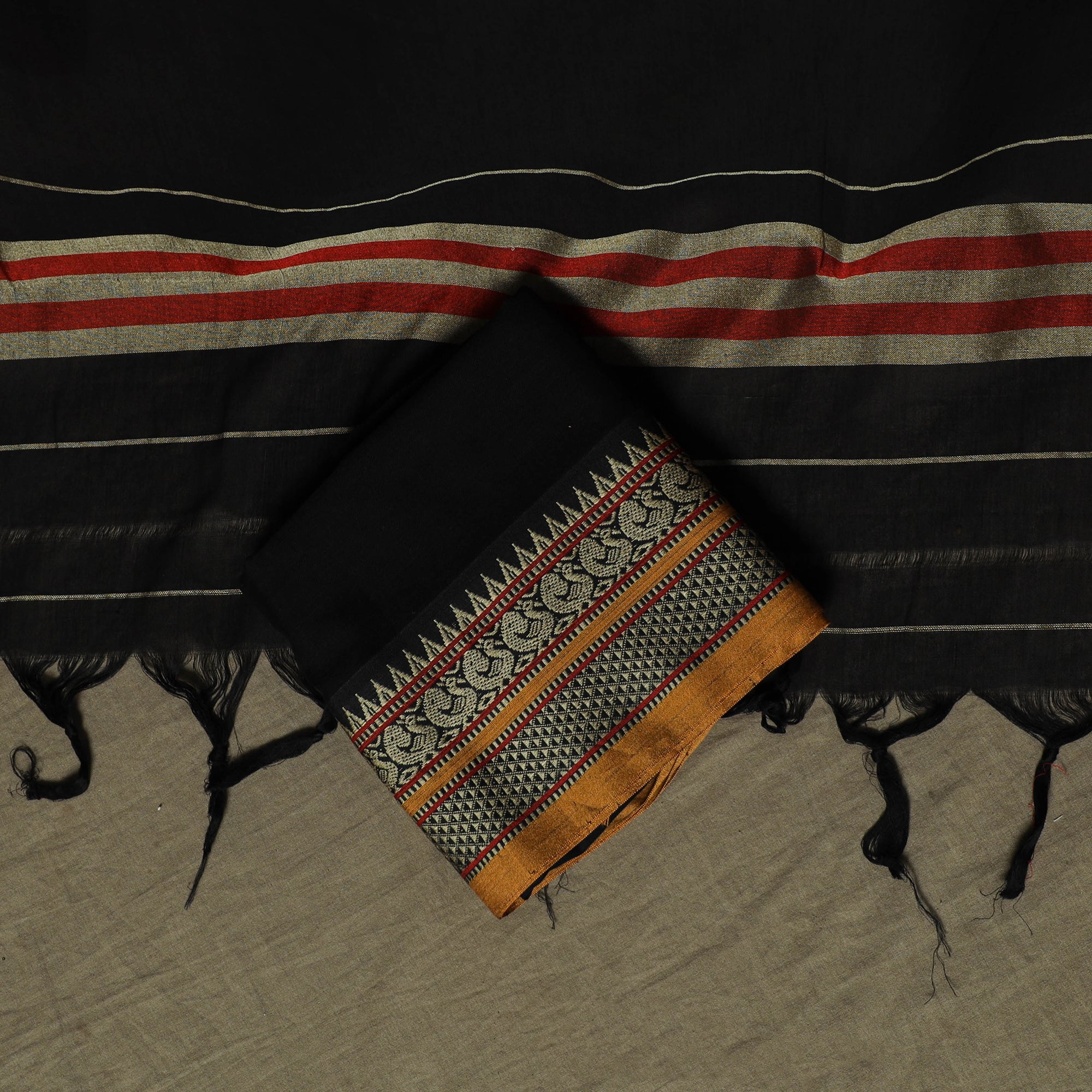 Black - Dharwad Mercerised Cotton 3pc Unstitched Dress Material Suit Set with Woven Border 18 - Image 5