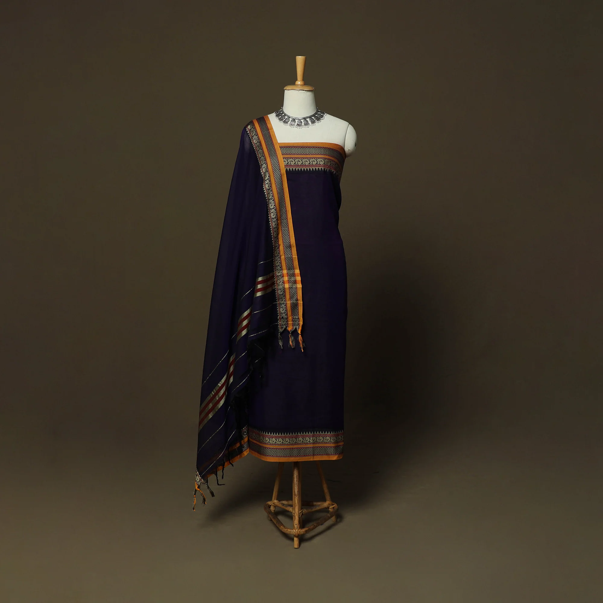 Blue - Dharwad Mercerised Cotton 3pc Unstitched Dress Material Suit Set with Woven Border 24