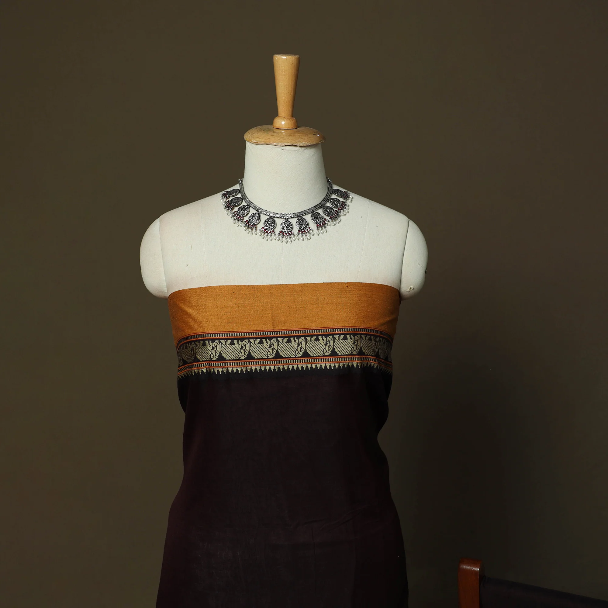 Brown - Dharwad Mercerised Cotton 3pc Unstitched Dress Material Suit Set with Woven Border 25 - Image 3