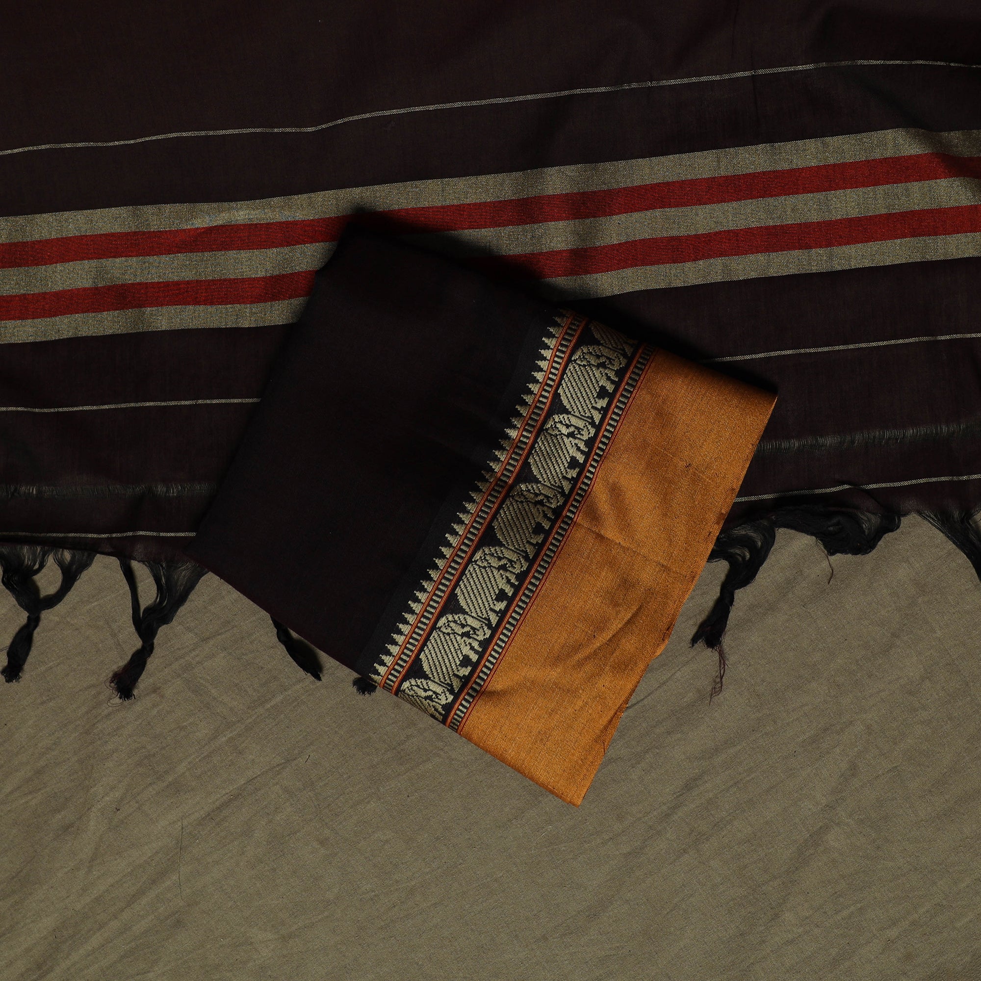Brown - Dharwad Mercerised Cotton 3pc Unstitched Dress Material Suit Set with Woven Border 25 - Image 5