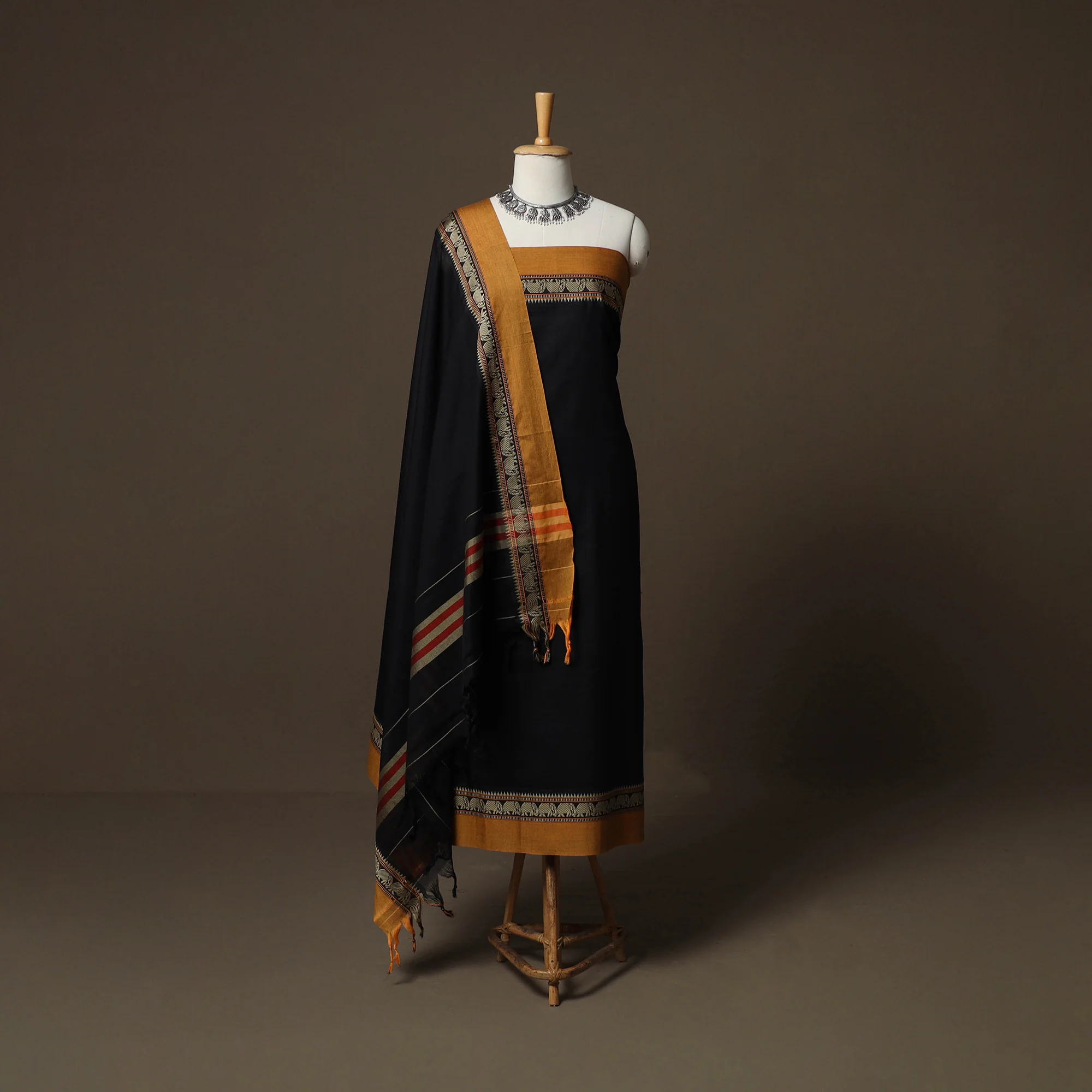 Black - Dharwad Mercerised Cotton 3pc Unstitched Dress Material Suit Set with Woven Border 38