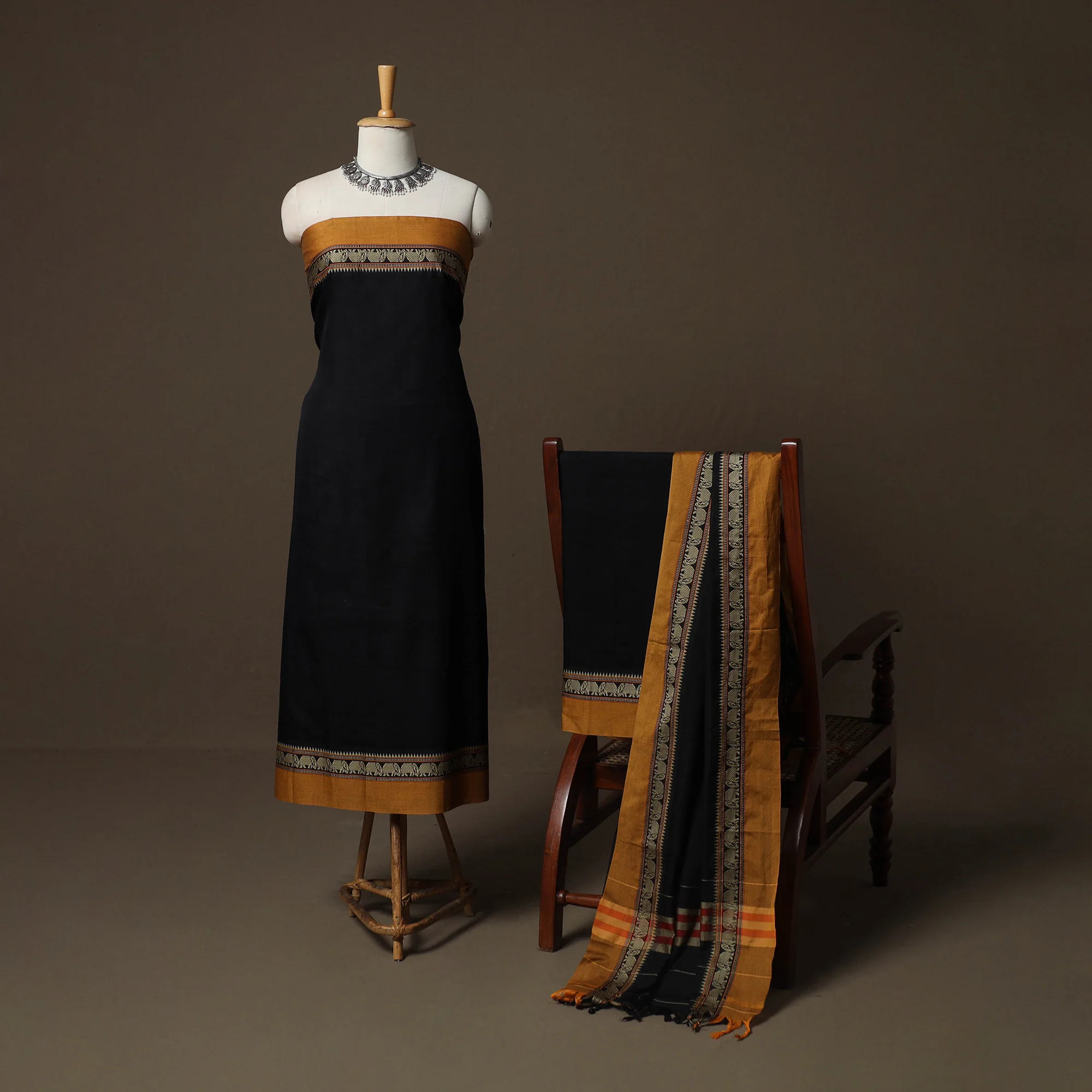 Black - Dharwad Mercerised Cotton 3pc Unstitched Dress Material Suit Set with Woven Border 38 - Image 2