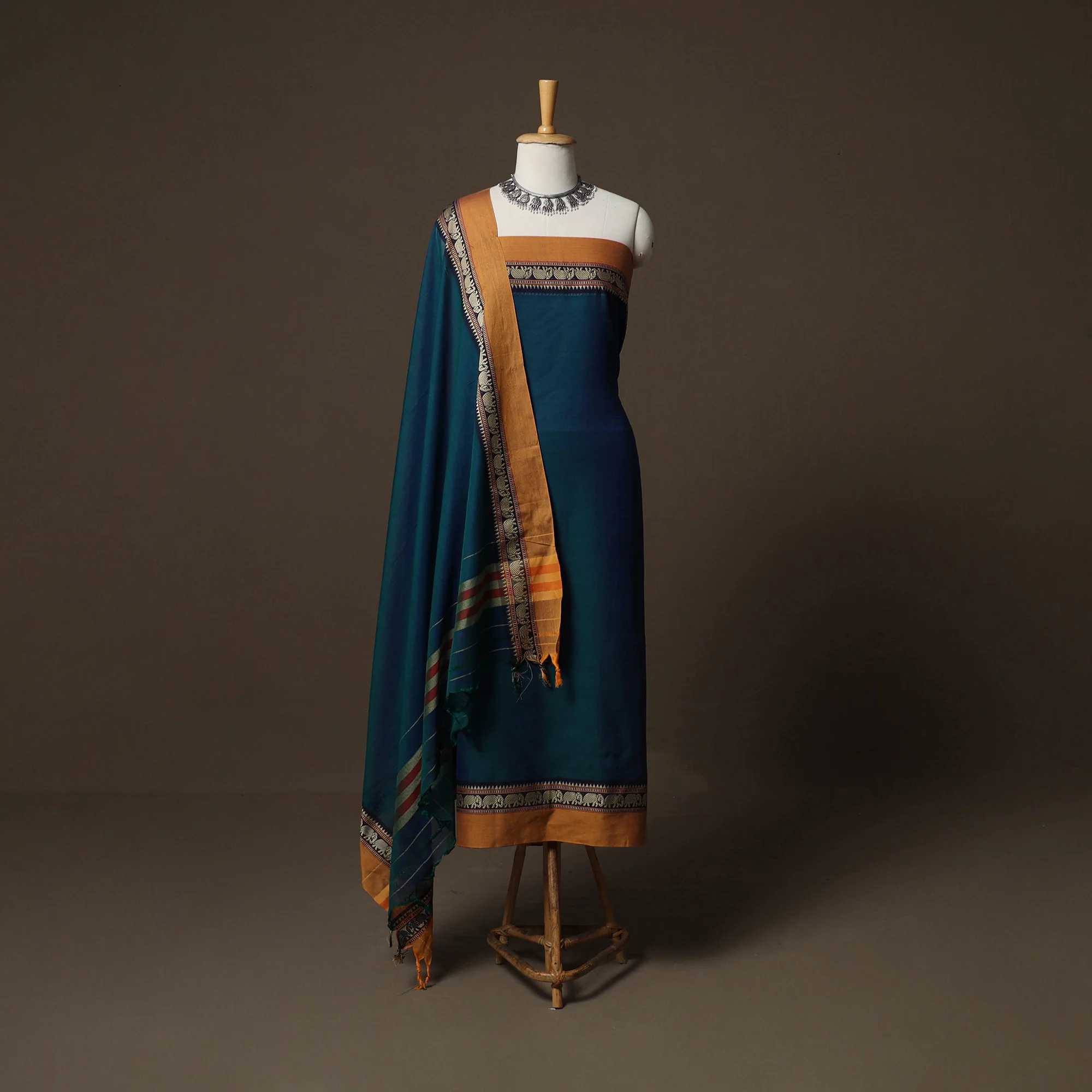 Blue - Dharwad Mercerised Cotton 3pc Unstitched Dress Material Suit Set with Woven Border 40