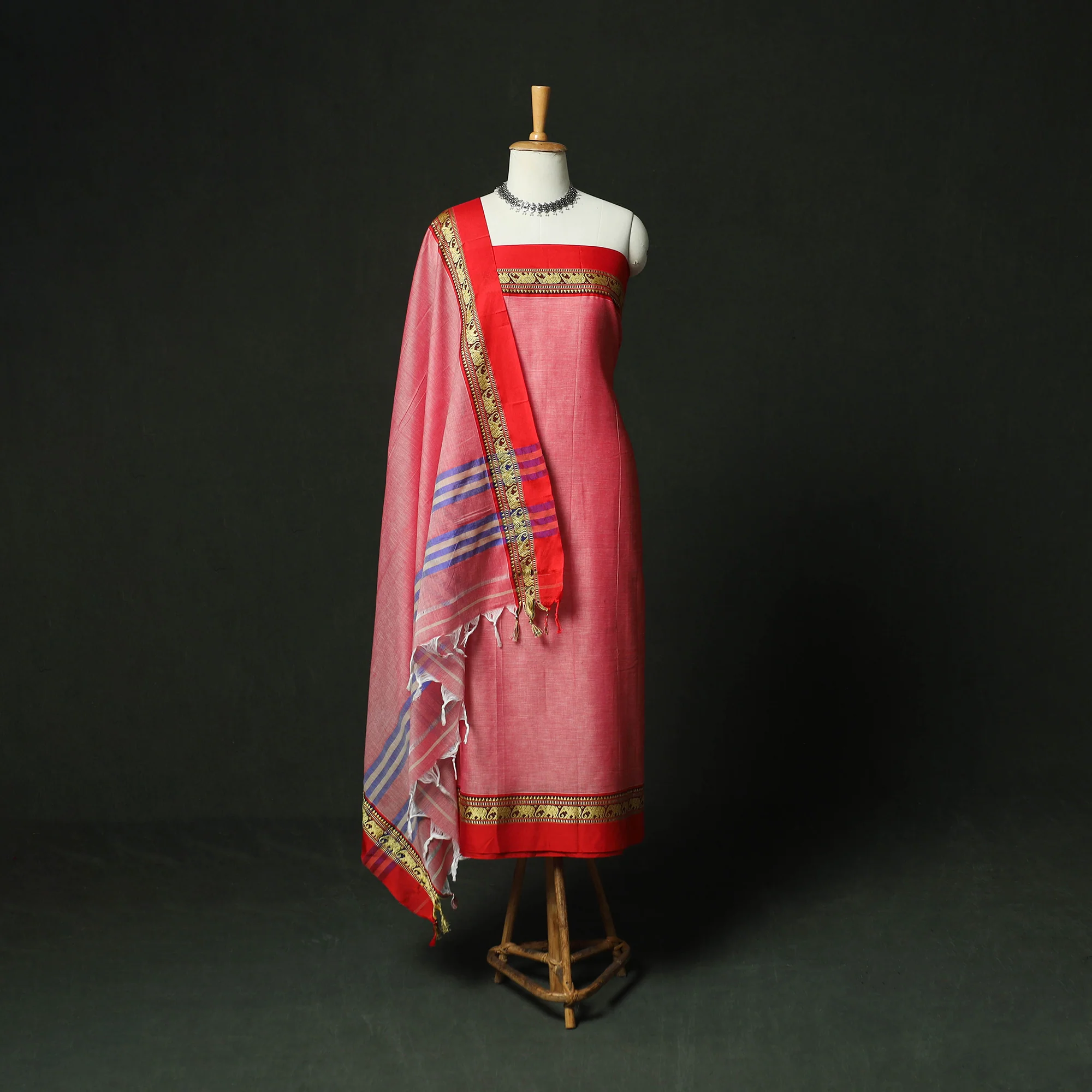 Pink - Dharwad Woven Cotton 3pc Unstitched Dress Material Suit Set 06