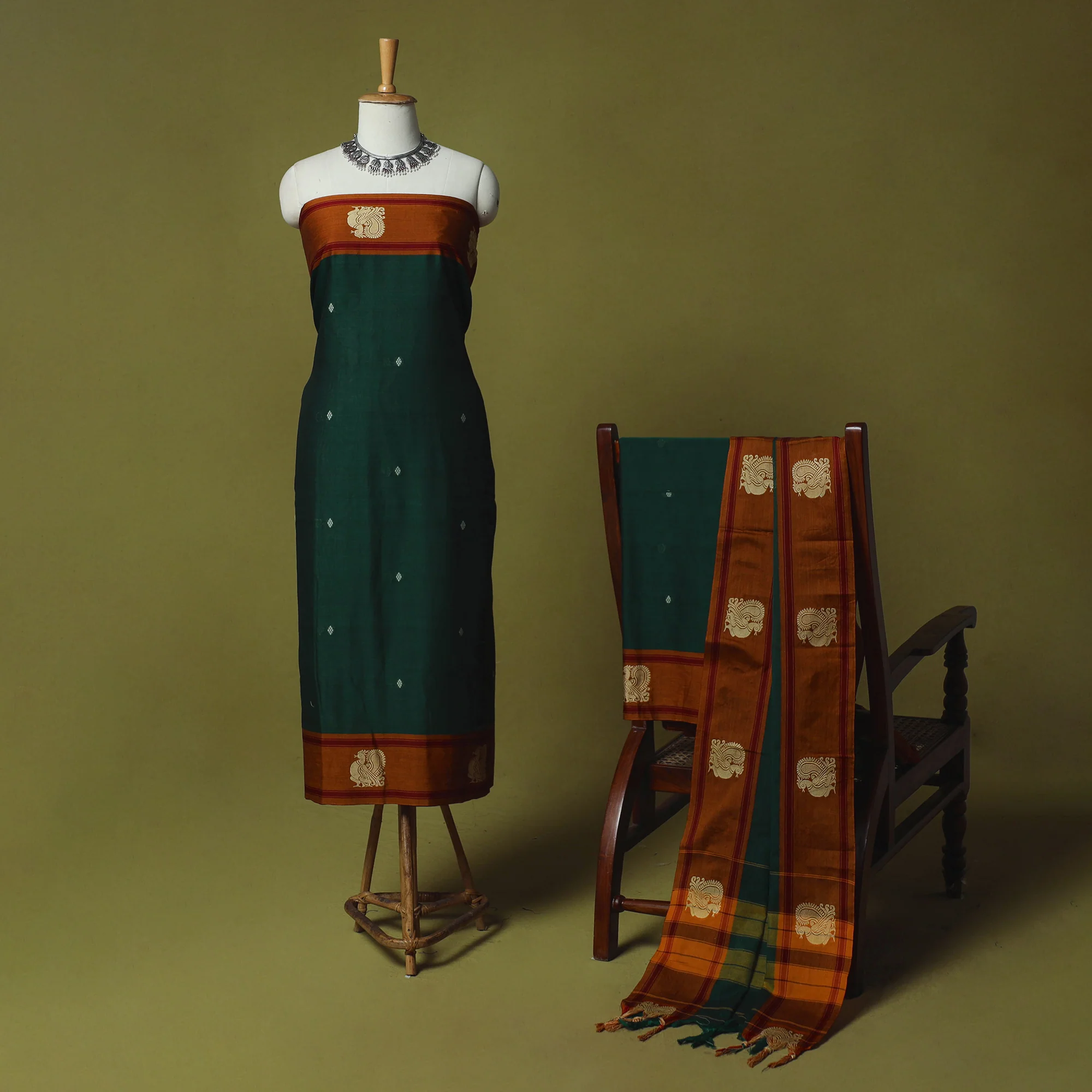 Green - Dharwad Woven Cotton 3pc Unstitched Dress Material Suit Set with Border 01 - Image 2