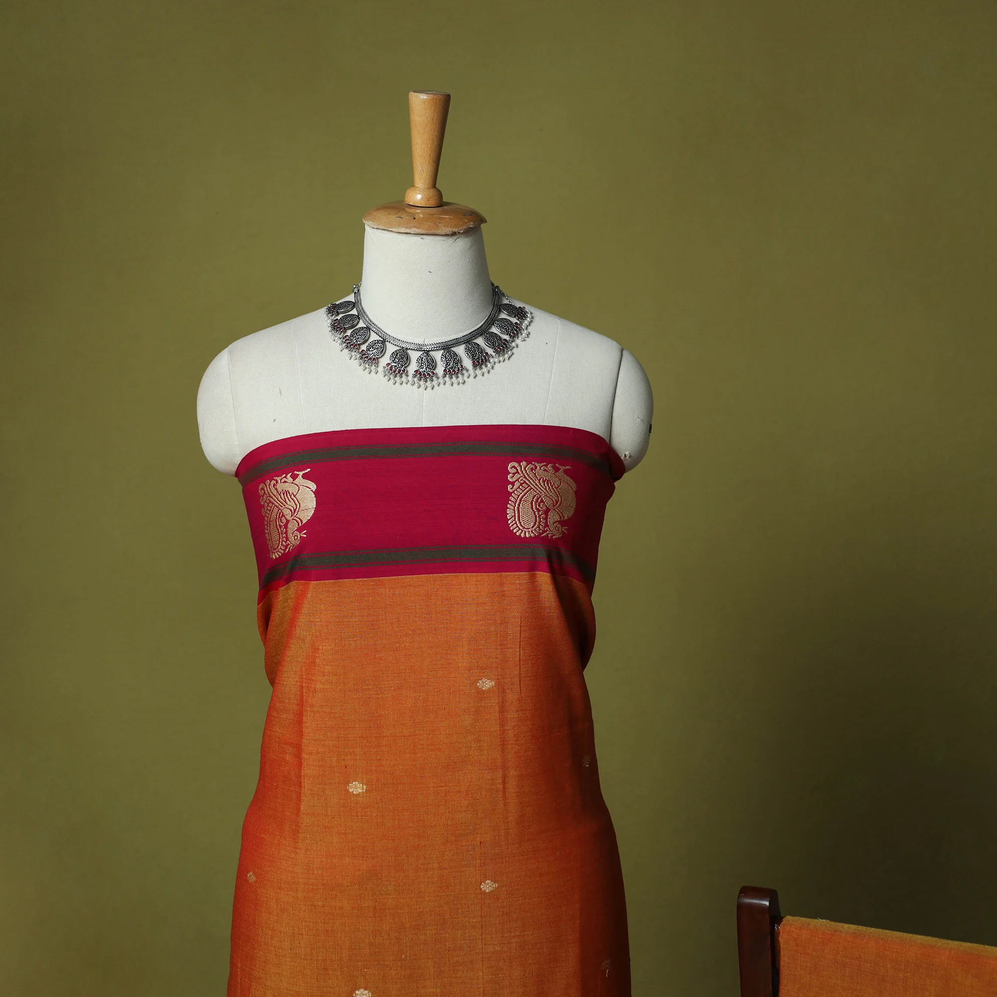 Orange - Dharwad Woven Cotton 3pc Unstitched Dress Material Suit Set with Border 04 - Image 3