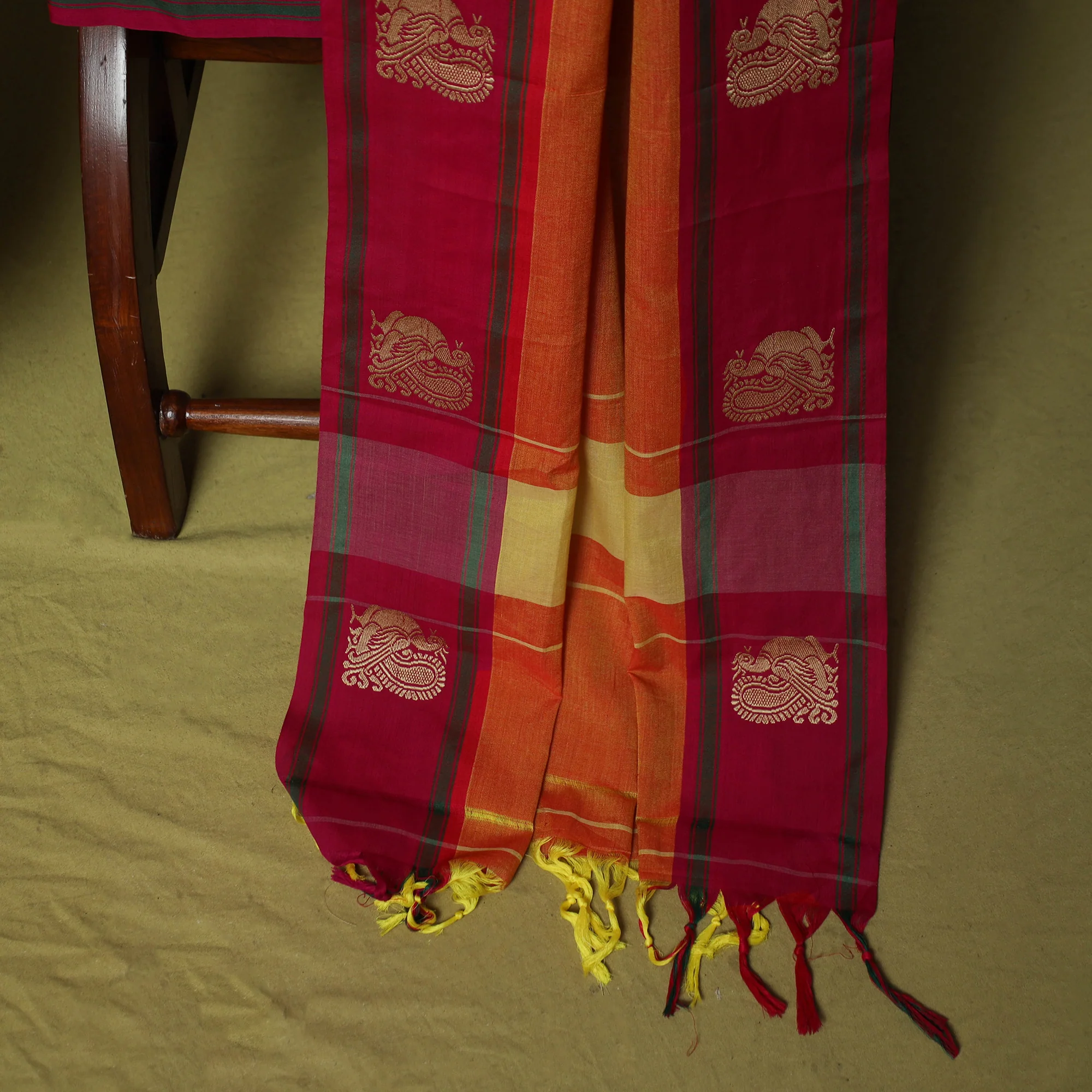 Orange - Dharwad Woven Cotton 3pc Unstitched Dress Material Suit Set with Border 04 - Image 4