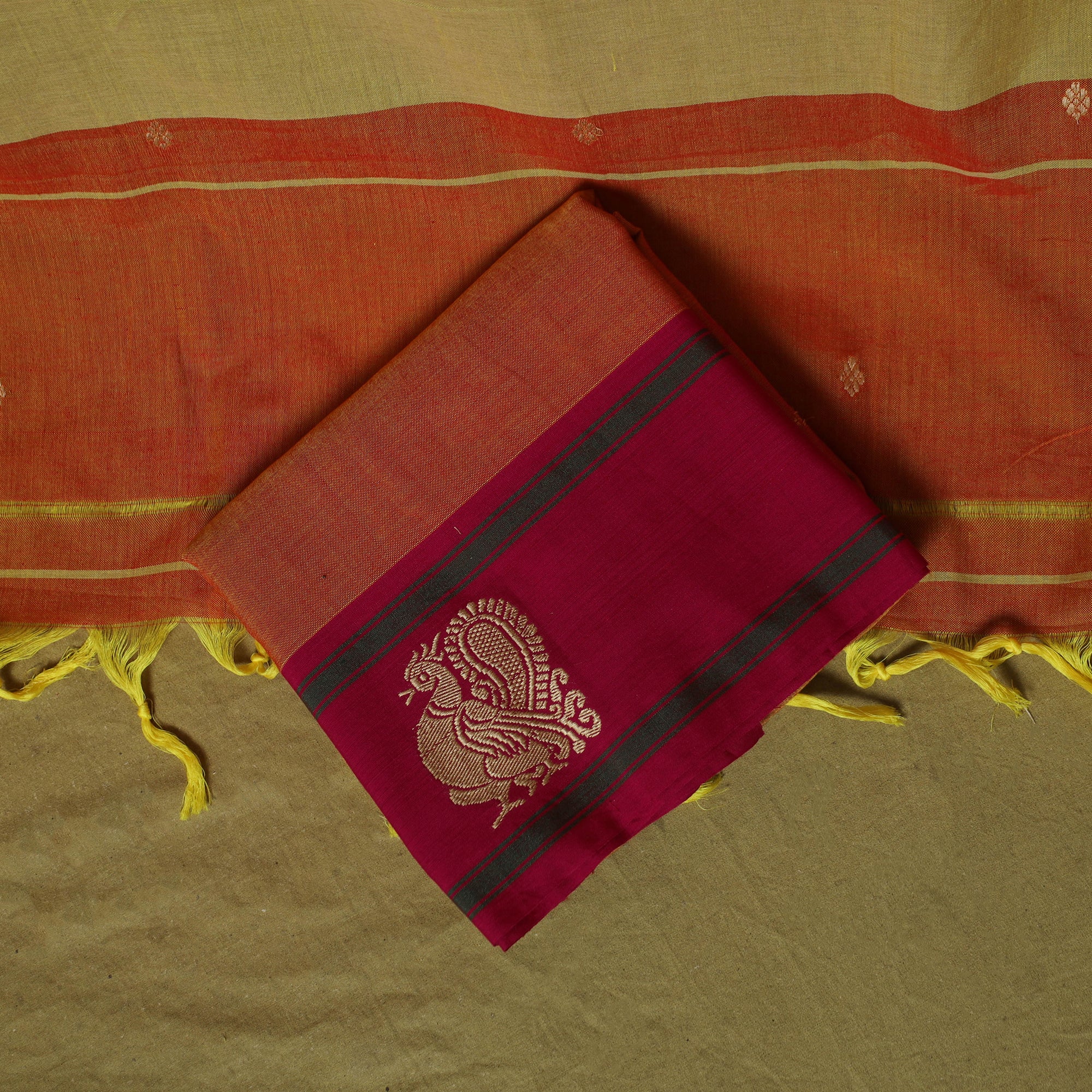 Orange - Dharwad Woven Cotton 3pc Unstitched Dress Material Suit Set with Border 04 - Image 5