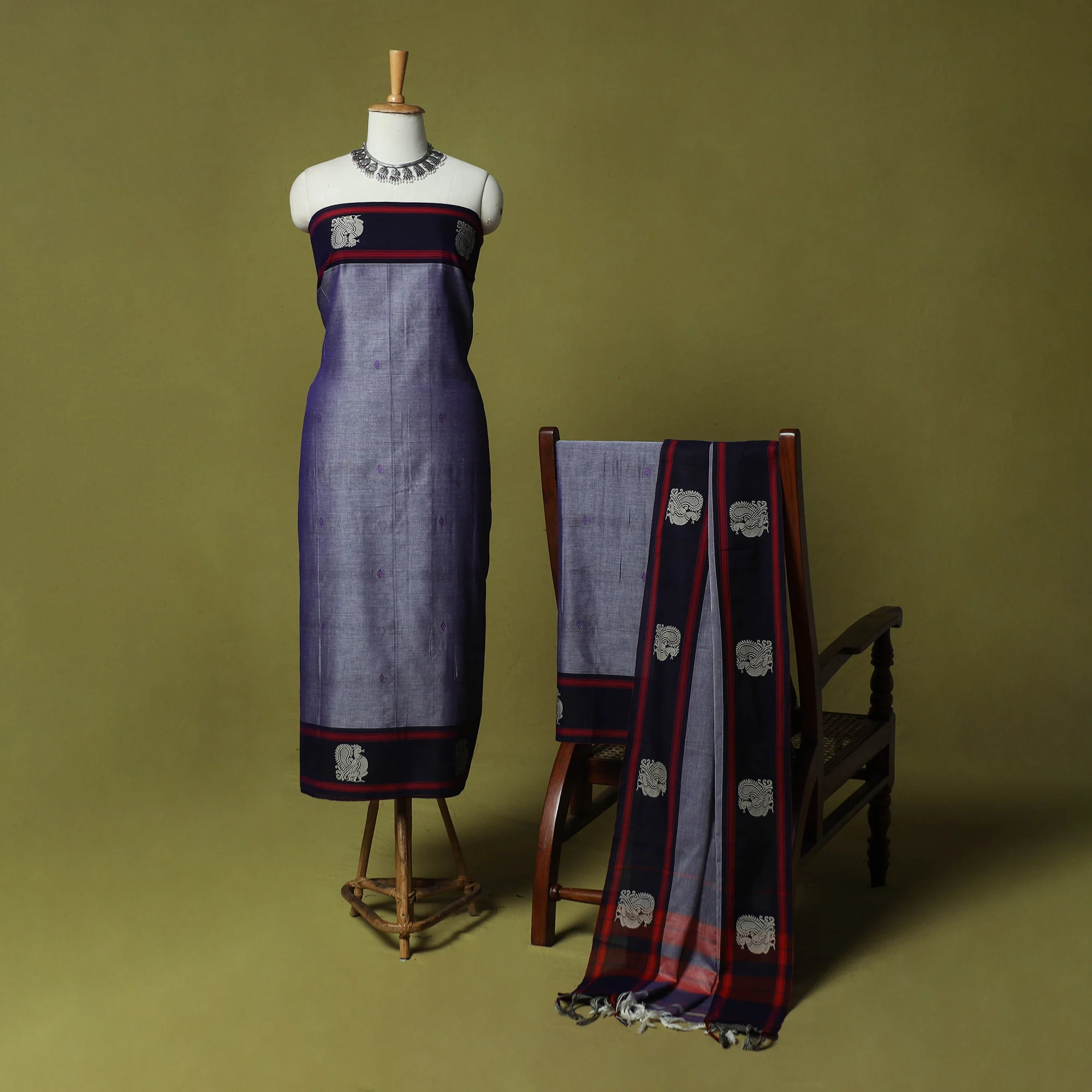 Blue - Dharwad Woven Cotton 3pc Unstitched Dress Material Suit Set with Border 05 - Image 2