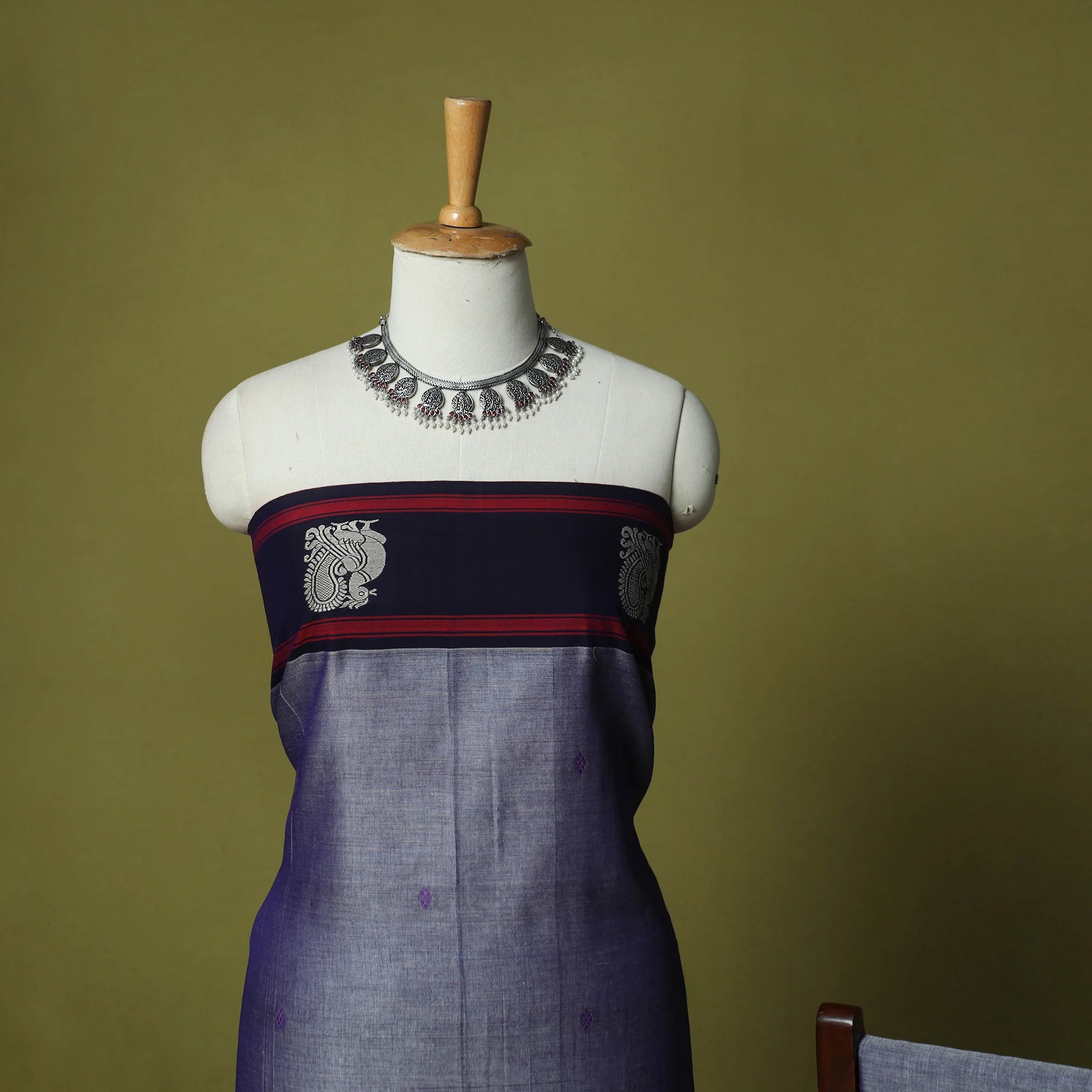 Blue - Dharwad Woven Cotton 3pc Unstitched Dress Material Suit Set with Border 05 - Image 3