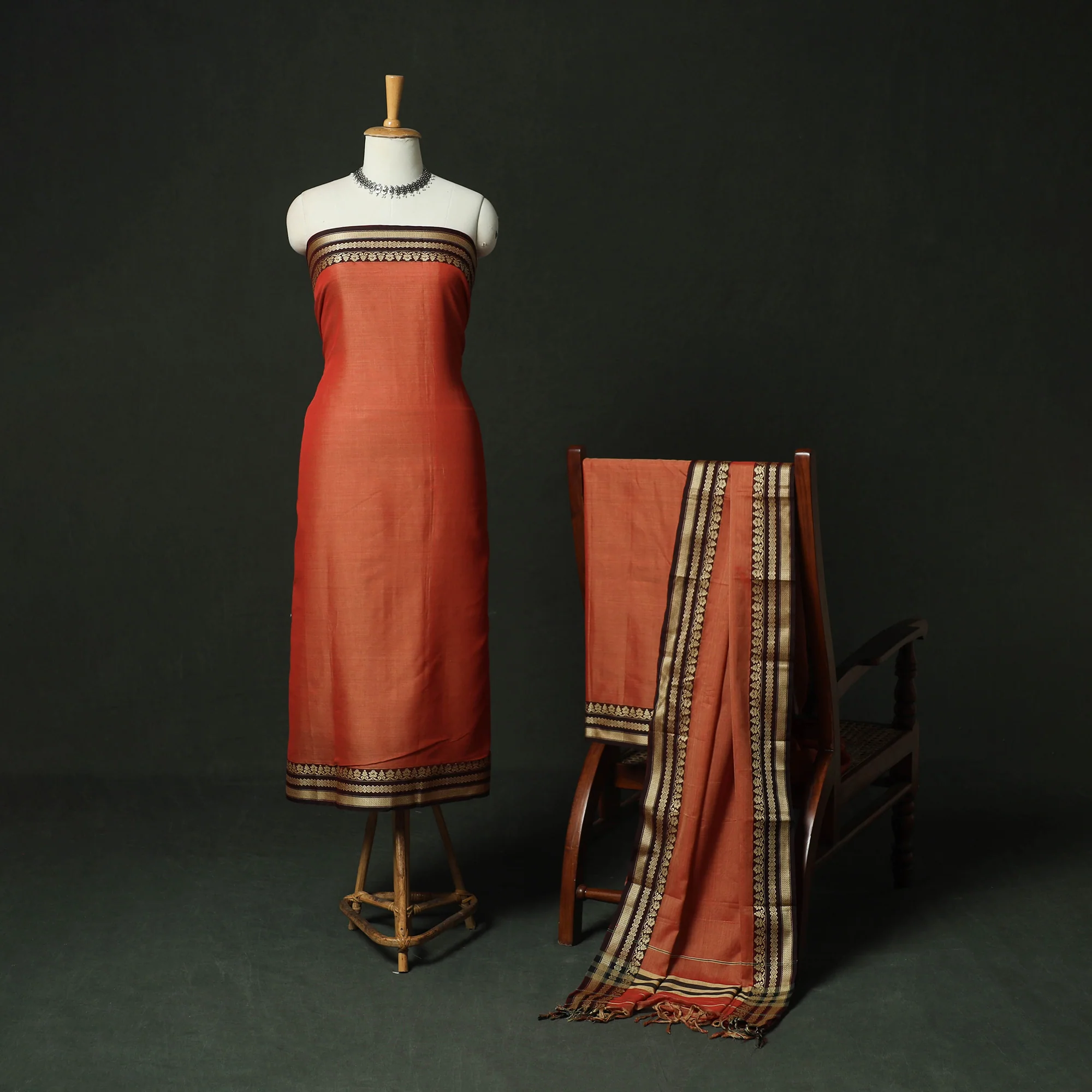 Red - Dharwad Woven Mercerised Cotton 3pc Unstitched Dress Material Suit Set 03 - Image 2