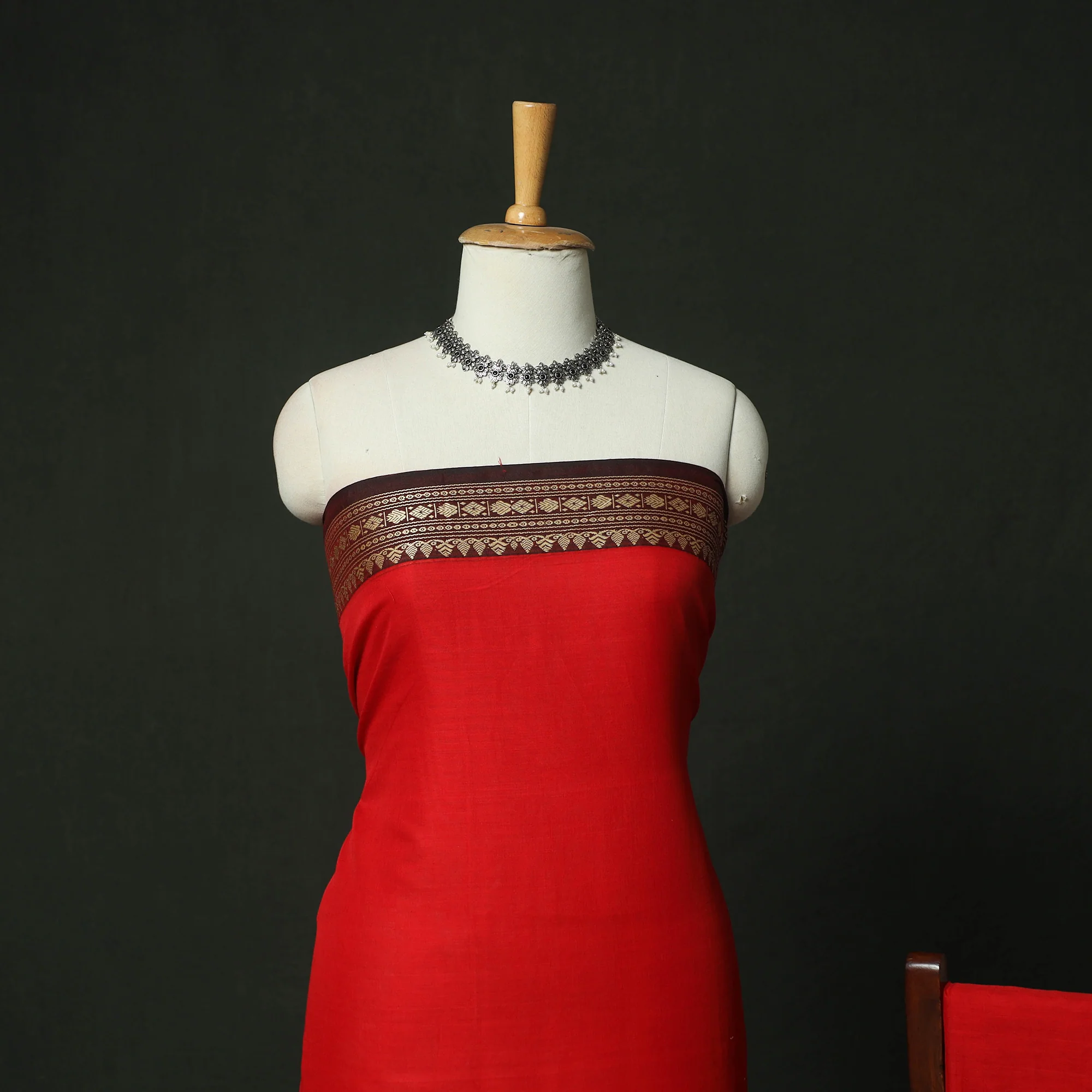 Red - Dharwad Woven Mercerised Cotton 3pc Unstitched Dress Material Suit Set 11 - Image 3