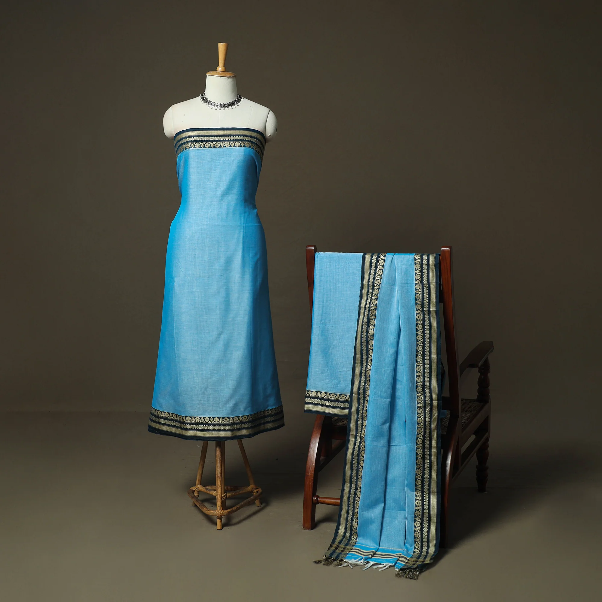 Blue - Dharwad Woven Mercerised Cotton 3pc Unstitched Dress Material Suit Set 22 - Image 2