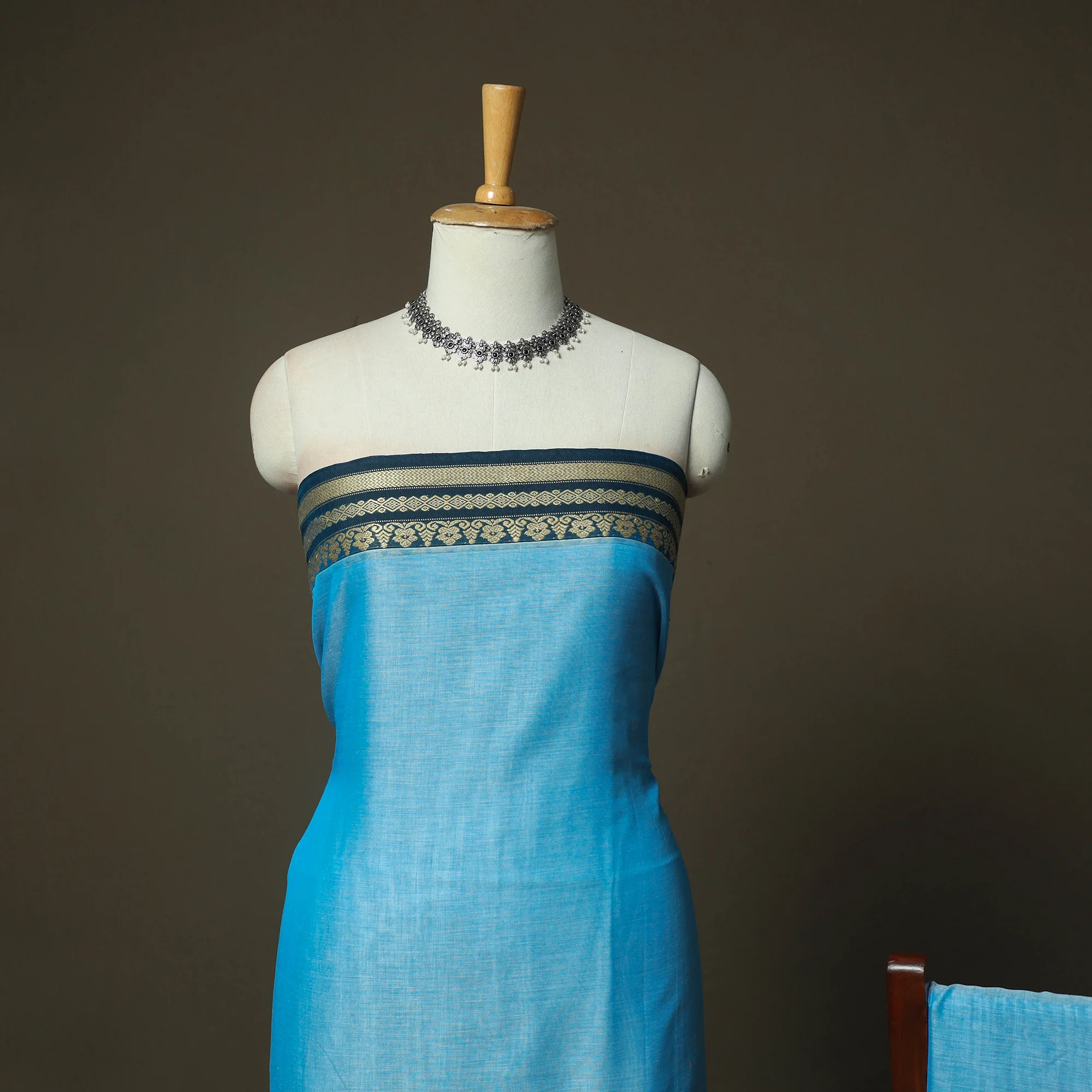 Blue - Dharwad Woven Mercerised Cotton 3pc Unstitched Dress Material Suit Set 22 - Image 3
