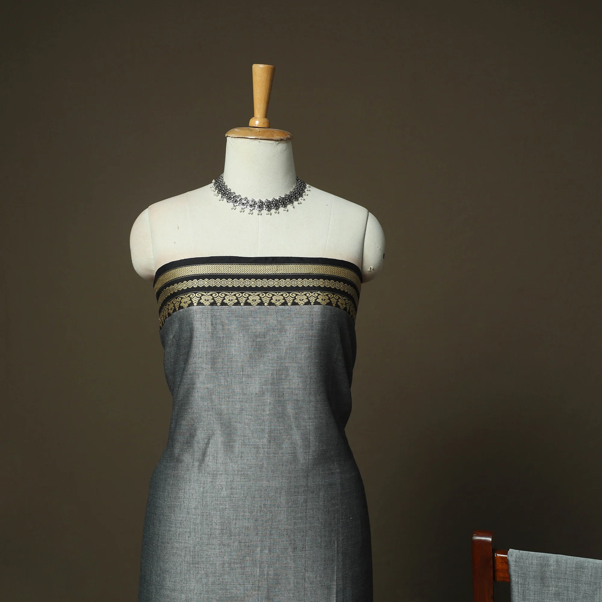 Grey - Dharwad Woven Mercerised Cotton 3pc Unstitched Dress Material Suit Set 26 - Image 3