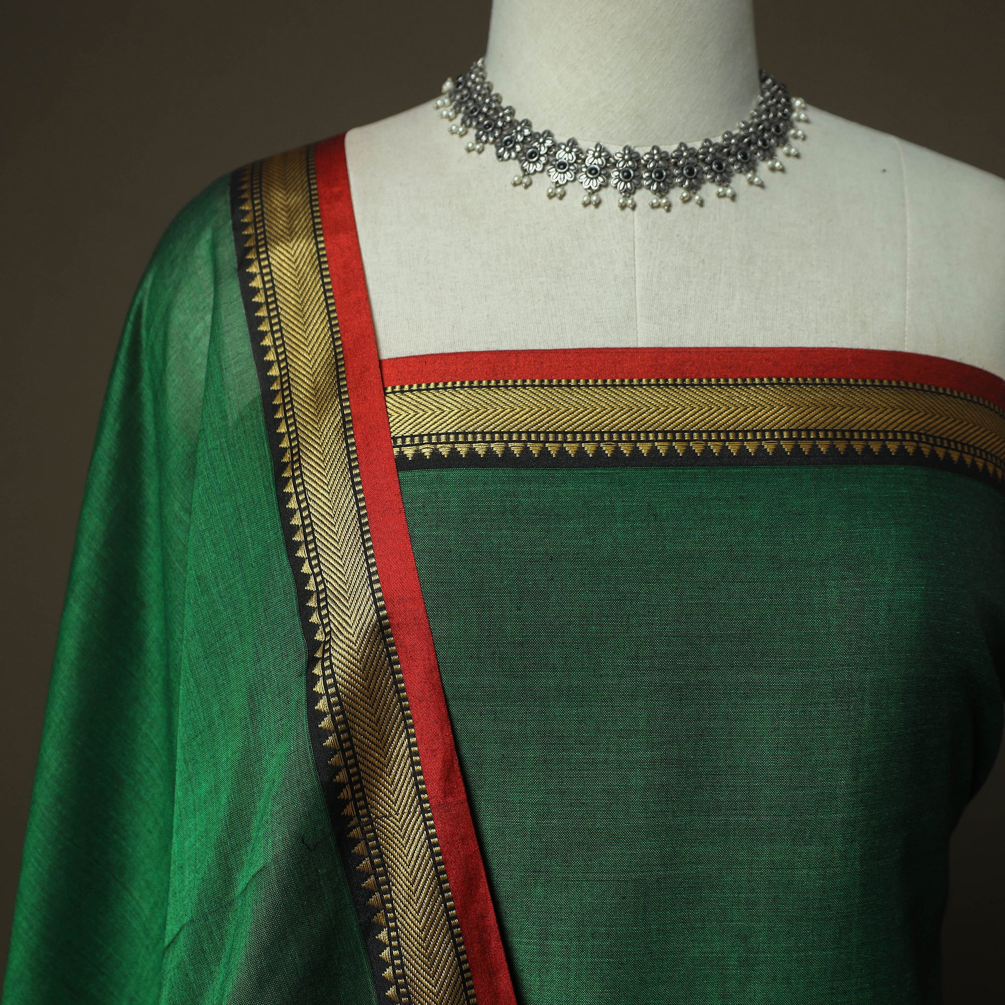 Green - Dharwad Woven Mercerised Cotton 3pc Unstitched Dress Material Suit Set 52 - Image 3