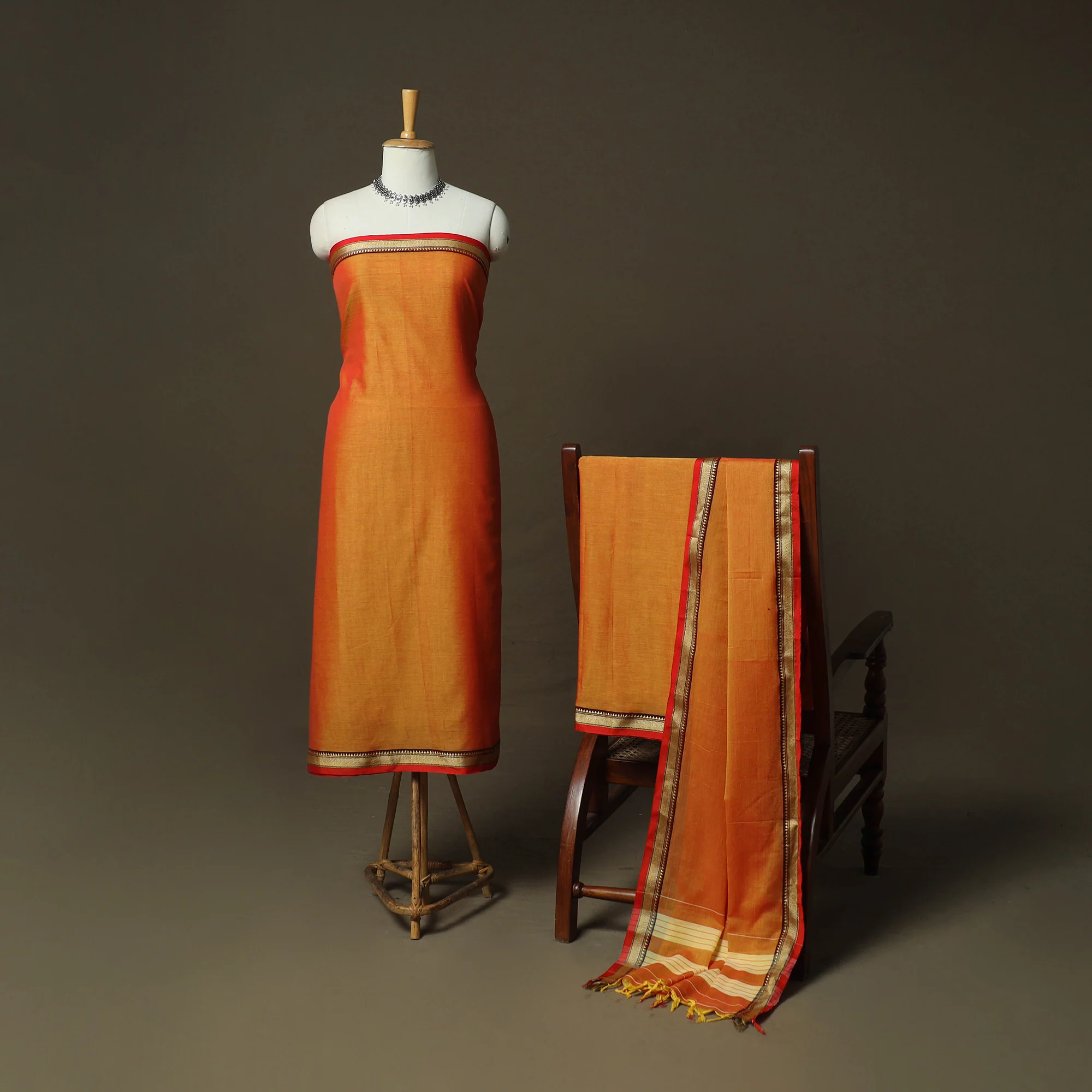 Orange - Dharwad Woven Mercerised Cotton 3pc Unstitched Dress Material Suit Set 57 - Image 2