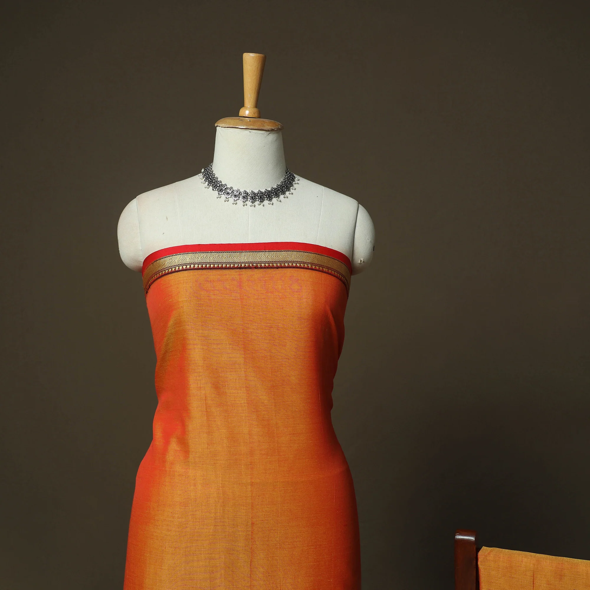 Orange - Dharwad Woven Mercerised Cotton 3pc Unstitched Dress Material Suit Set 57 - Image 3