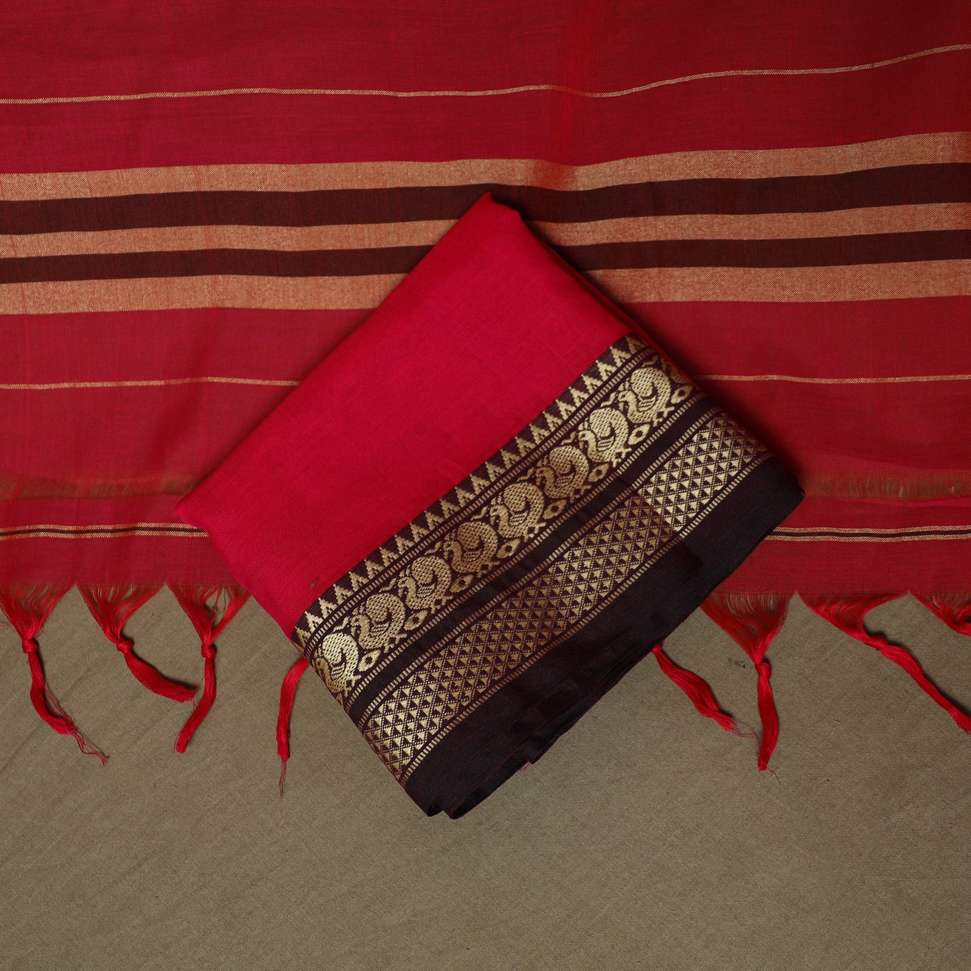 Red - Dharwad Woven Mercerised Cotton 3pc Unstitched Dress Material Suit Set 60 - Image 5