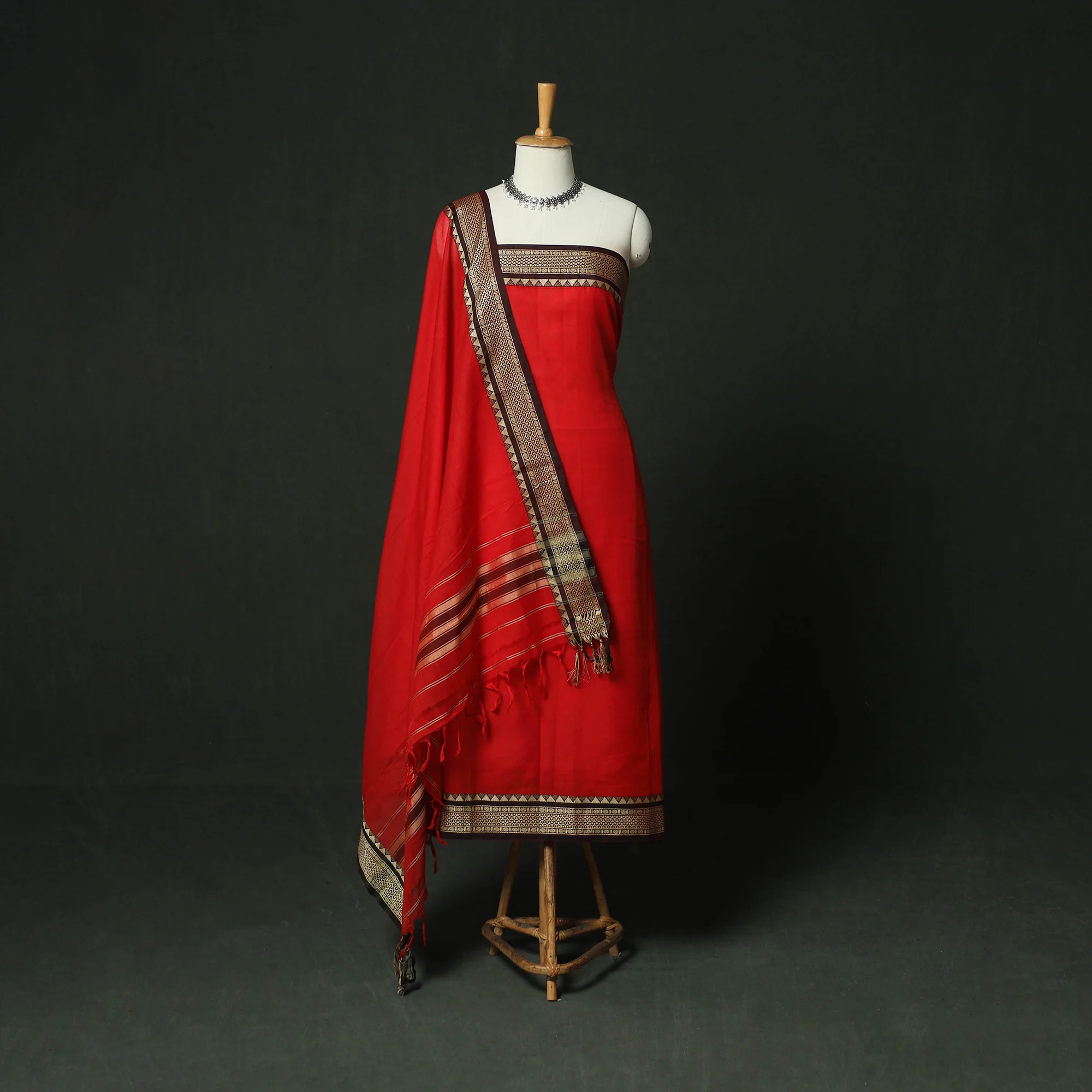 Red - Dharwad Woven Mercerised Cotton 3pc Unstitched Dress Material Suit Set 61
