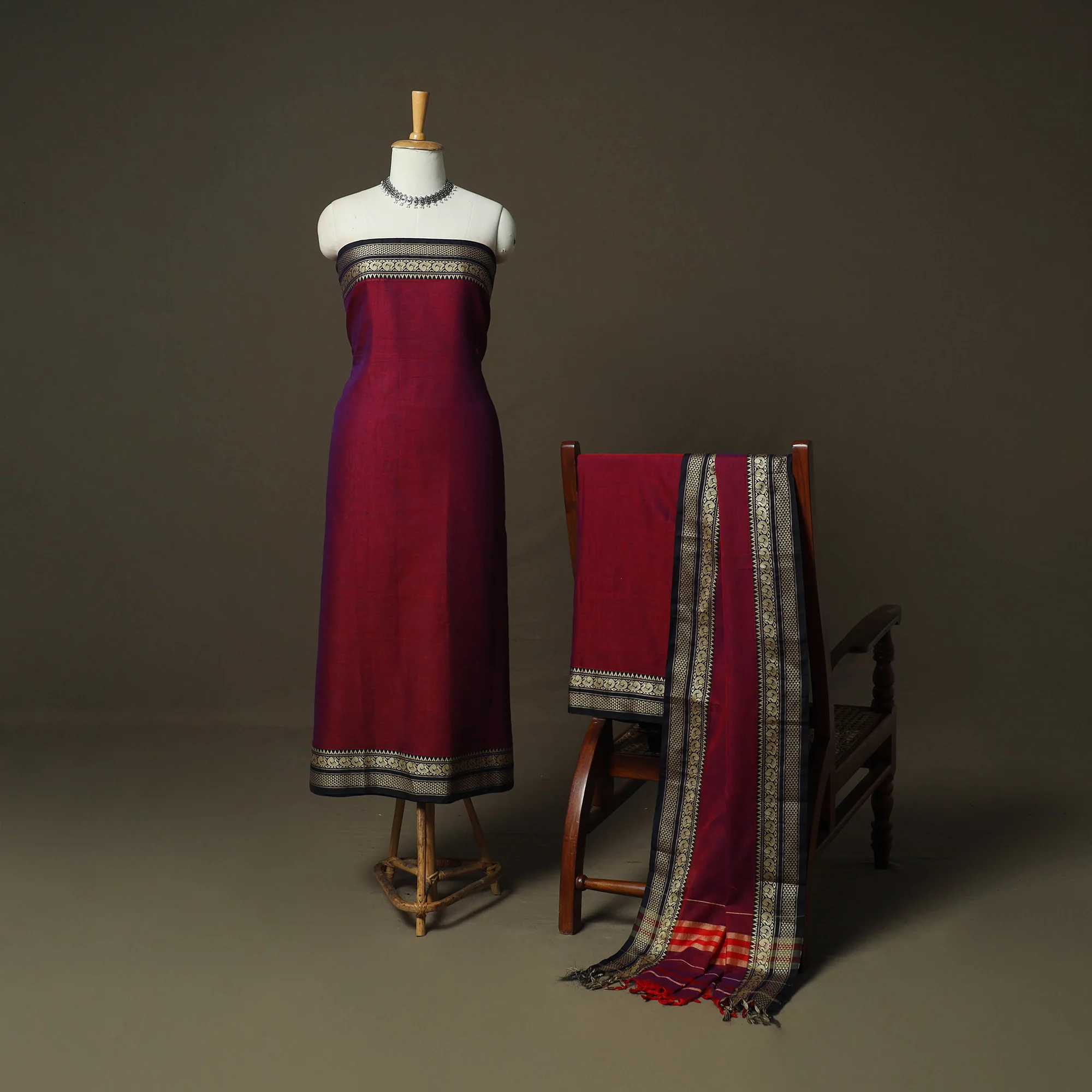 Red - Dharwad Woven Mercerised Cotton 3pc Unstitched Dress Material Suit Set 61 - Image 2