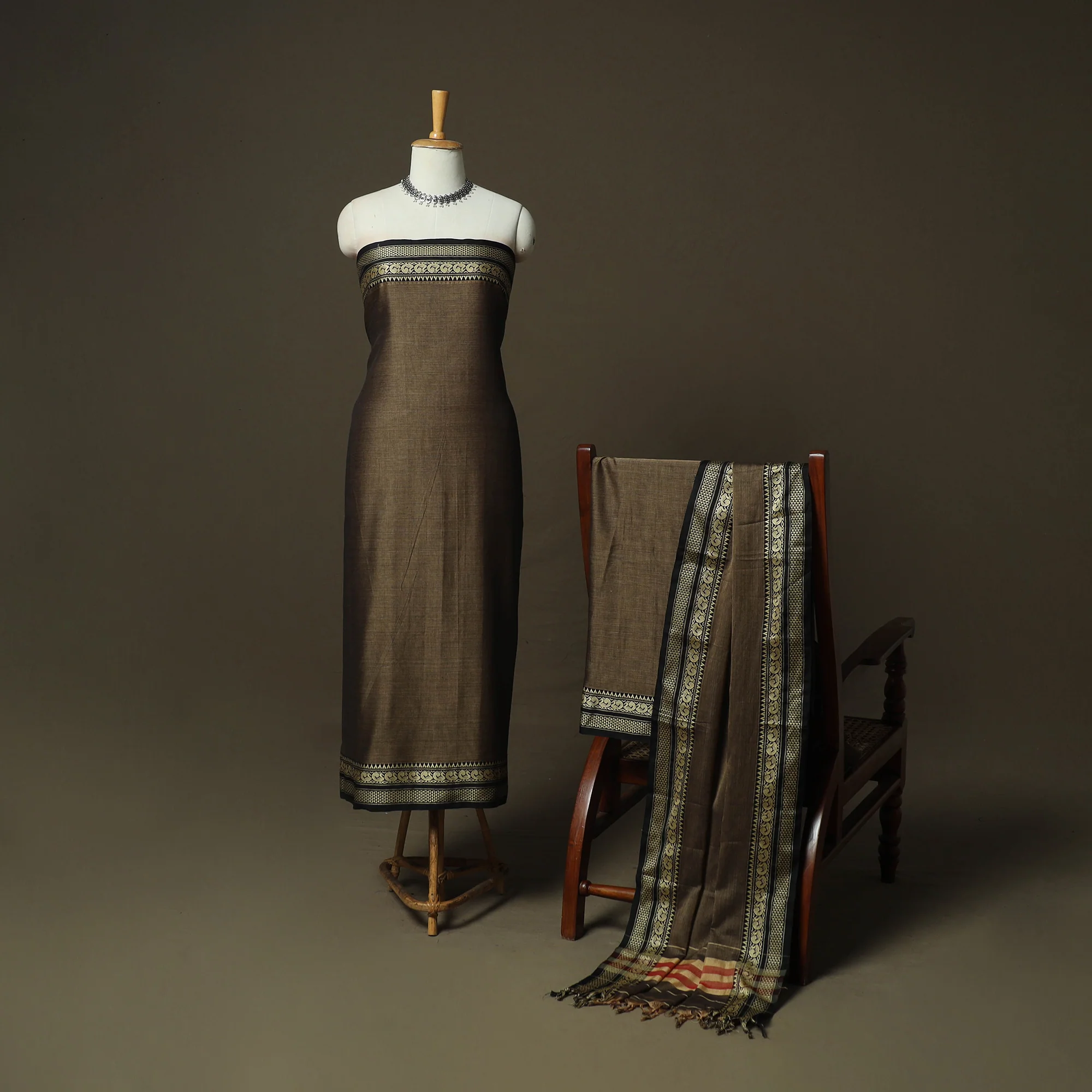 Brown - Dharwad Woven Mercerised Cotton 3pc Unstitched Dress Material Suit Set 64 - Image 2